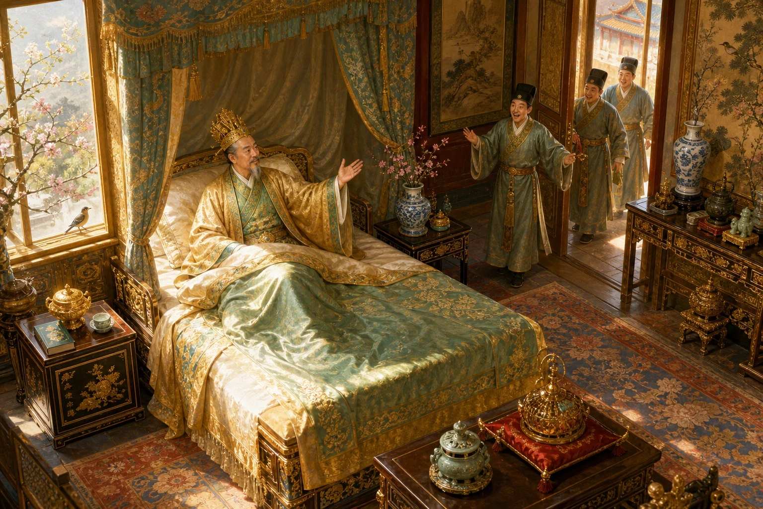 When morning came, the servants crept in expecting to find their emperor dead — and were astonished to see him sitting up in bed, well and strong again, bidding… When morning came, the servants crept in expecting to find their emperor dead — and were astonished to see him sitting up in bed, well and strong again, bidding…