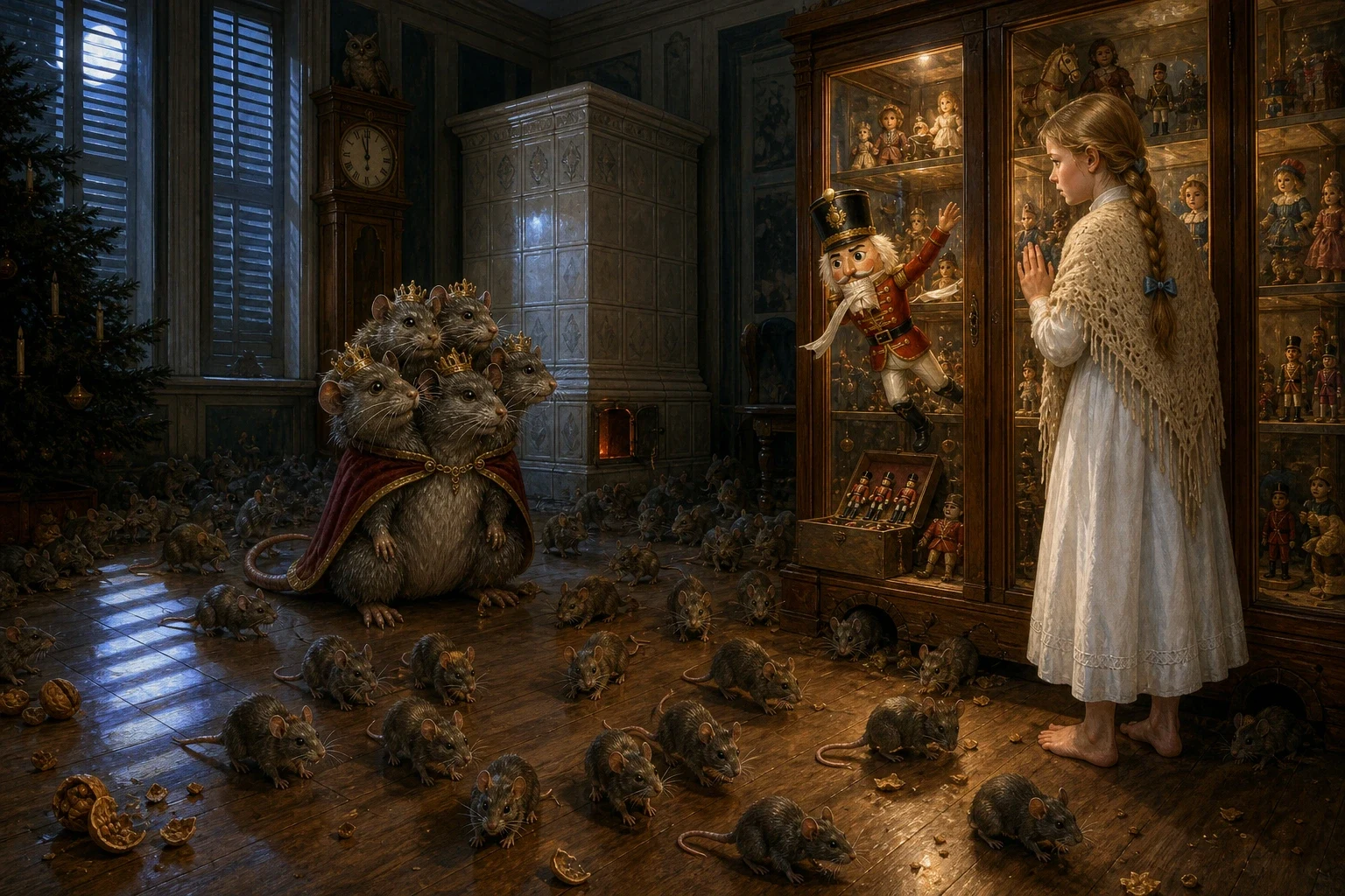 When everybody had gone up to bed, Marie begged for five minutes more and was given them, and she put the Nutcracker to bed on a shelf in the glass toy cabinet… When everybody had gone up to bed, Marie begged for five minutes more and was given them, and she put the Nutcracker to bed on a shelf in the glass toy cabinet…