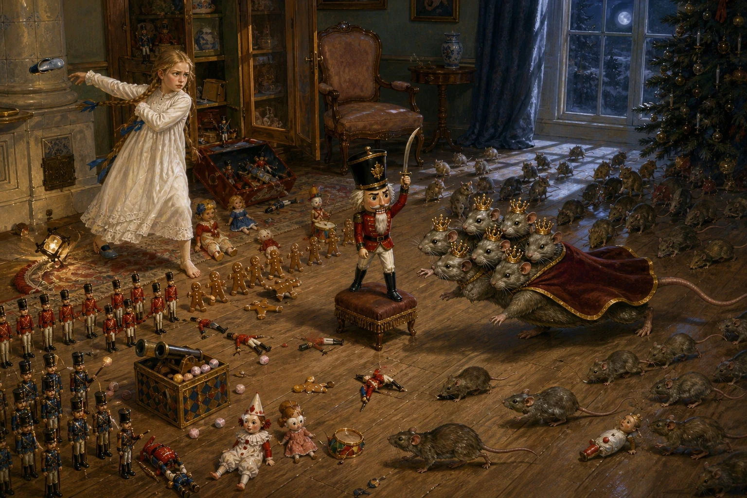 What happened next on that floor was a battle, and it was a proper one. The cabinet doors came open and the toys came out — Fritz's tin hussars in two… What happened next on that floor was a battle, and it was a proper one. The cabinet doors came open and the toys came out — Fritz's tin hussars in two…