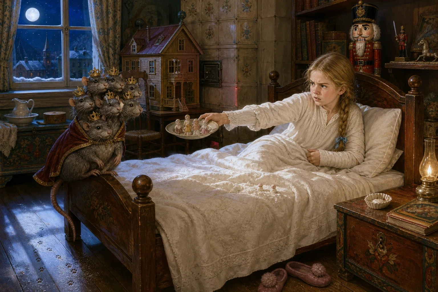 After that the Mouse King came to her at night. He climbed up onto the end of her bed with all seven of his crowns on and told her, in seven small squeaking… After that the Mouse King came to her at night. He climbed up onto the end of her bed with all seven of his crowns on and told her, in seven small squeaking…