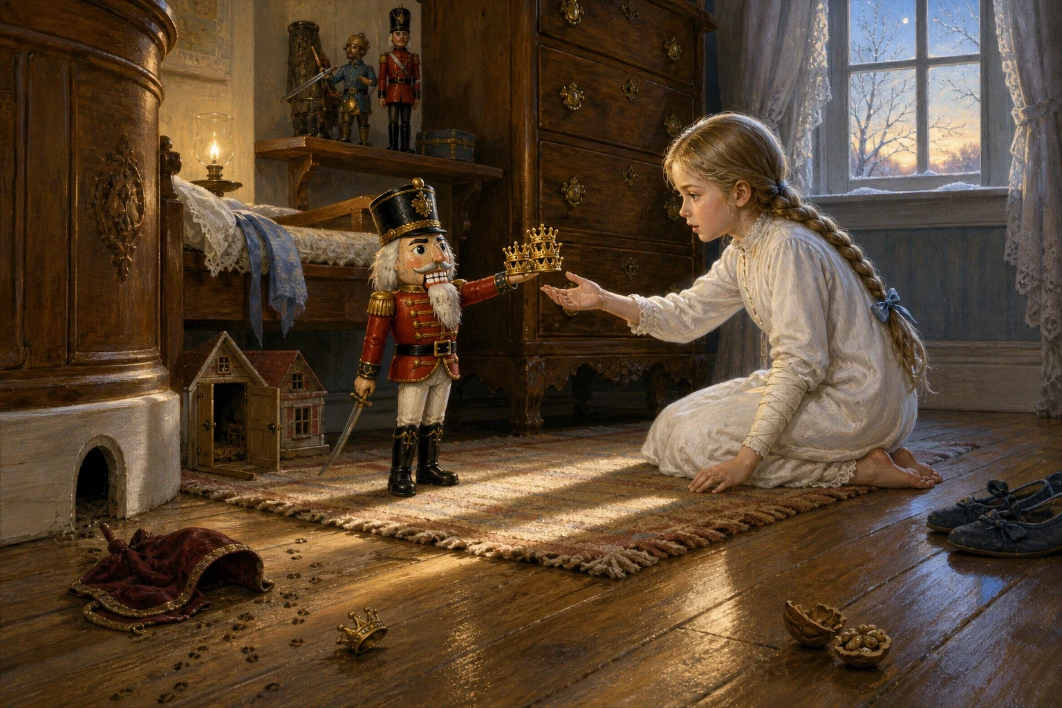 She gave the Nutcracker the sabre and put him on the floor by the skirting board, and went to bed, and did not sleep. Somewhere in the small hours there was a… She gave the Nutcracker the sabre and put him on the floor by the skirting board, and went to bed, and did not sleep. Somewhere in the small hours there was a…