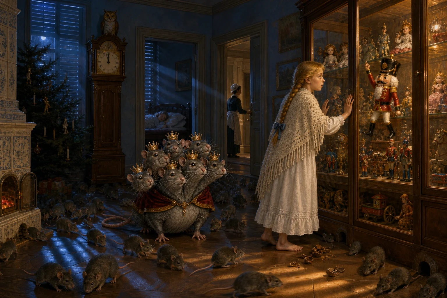 When everybody had gone up to bed, Marie begged for five minutes more and was given them, and she put the Nutcracker to bed on a shelf in the glass toy cabinet… When everybody had gone up to bed, Marie begged for five minutes more and was given them, and she put the Nutcracker to bed on a shelf in the glass toy cabinet…