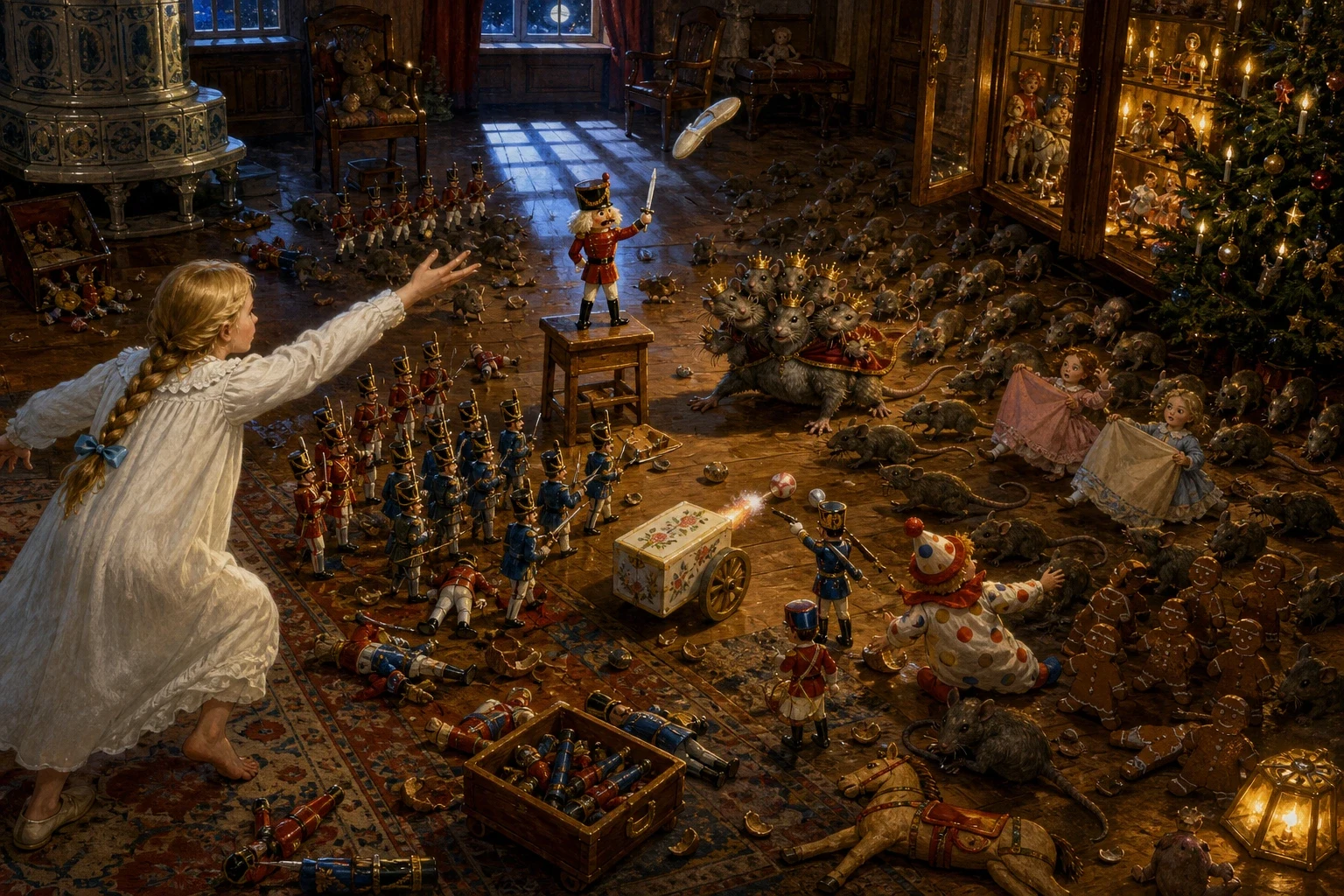 What happened next on that floor was a battle, and it was a proper one. The cabinet doors came open and the toys came out — Fritz's tin hussars in two… What happened next on that floor was a battle, and it was a proper one. The cabinet doors came open and the toys came out — Fritz's tin hussars in two…