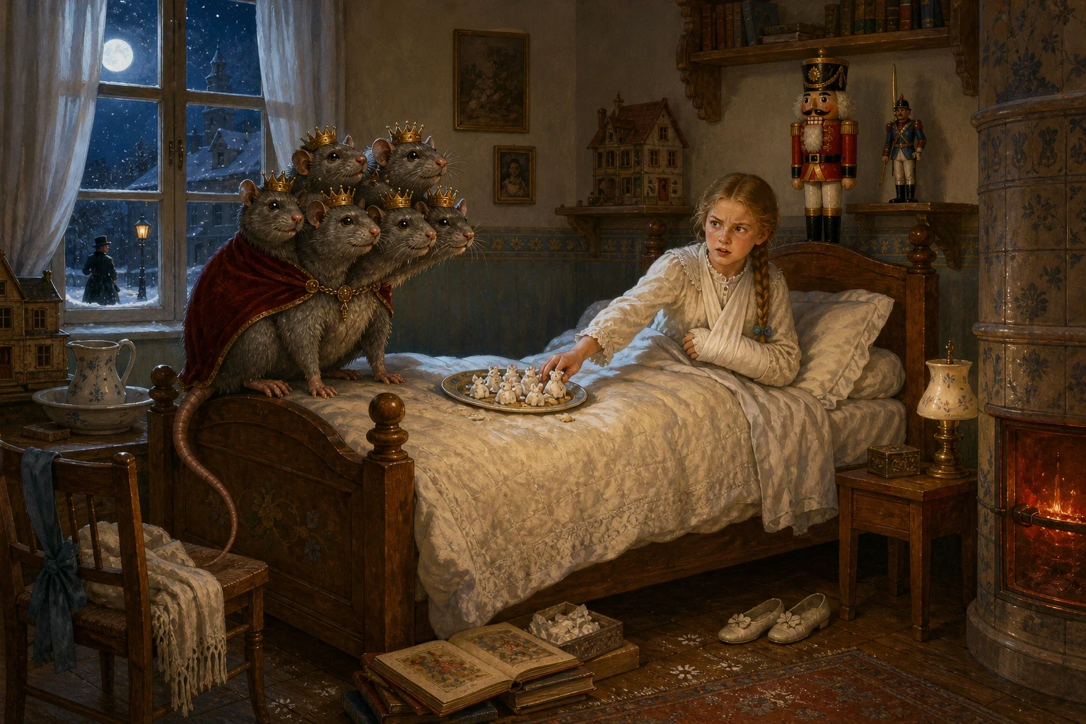After that the Mouse King came to her at night. He climbed up onto the end of her bed with all seven of his crowns on and told her, in seven small squeaking… After that the Mouse King came to her at night. He climbed up onto the end of her bed with all seven of his crowns on and told her, in seven small squeaking…