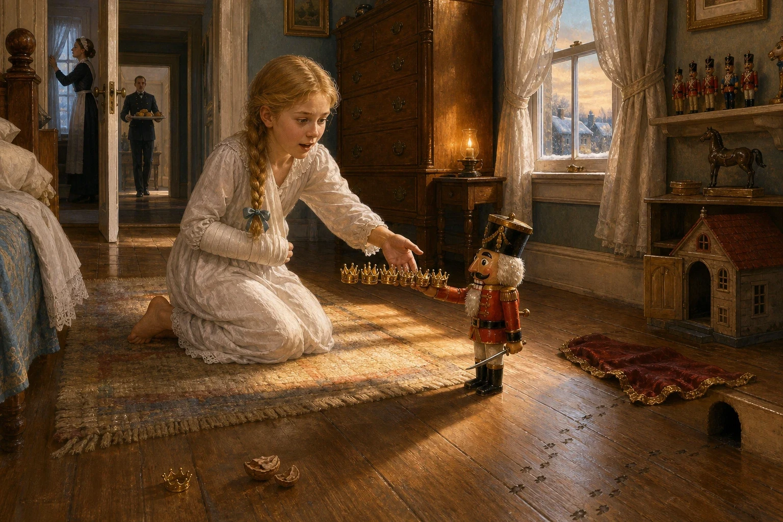 She gave the Nutcracker the sabre and put him on the floor by the skirting board, and went to bed, and did not sleep. Somewhere in the small hours there was a… She gave the Nutcracker the sabre and put him on the floor by the skirting board, and went to bed, and did not sleep. Somewhere in the small hours there was a…