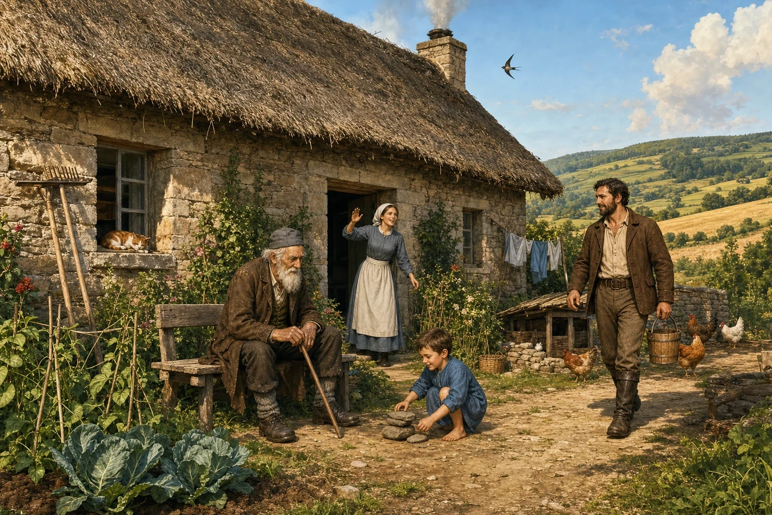 In a green farming valley stood a small stone farmhouse with a thatched roof, a vegetable garden by the door, and fields of barley rolling away toward low… In a green farming valley stood a small stone farmhouse with a thatched roof, a vegetable garden by the door, and fields of barley rolling away toward low…