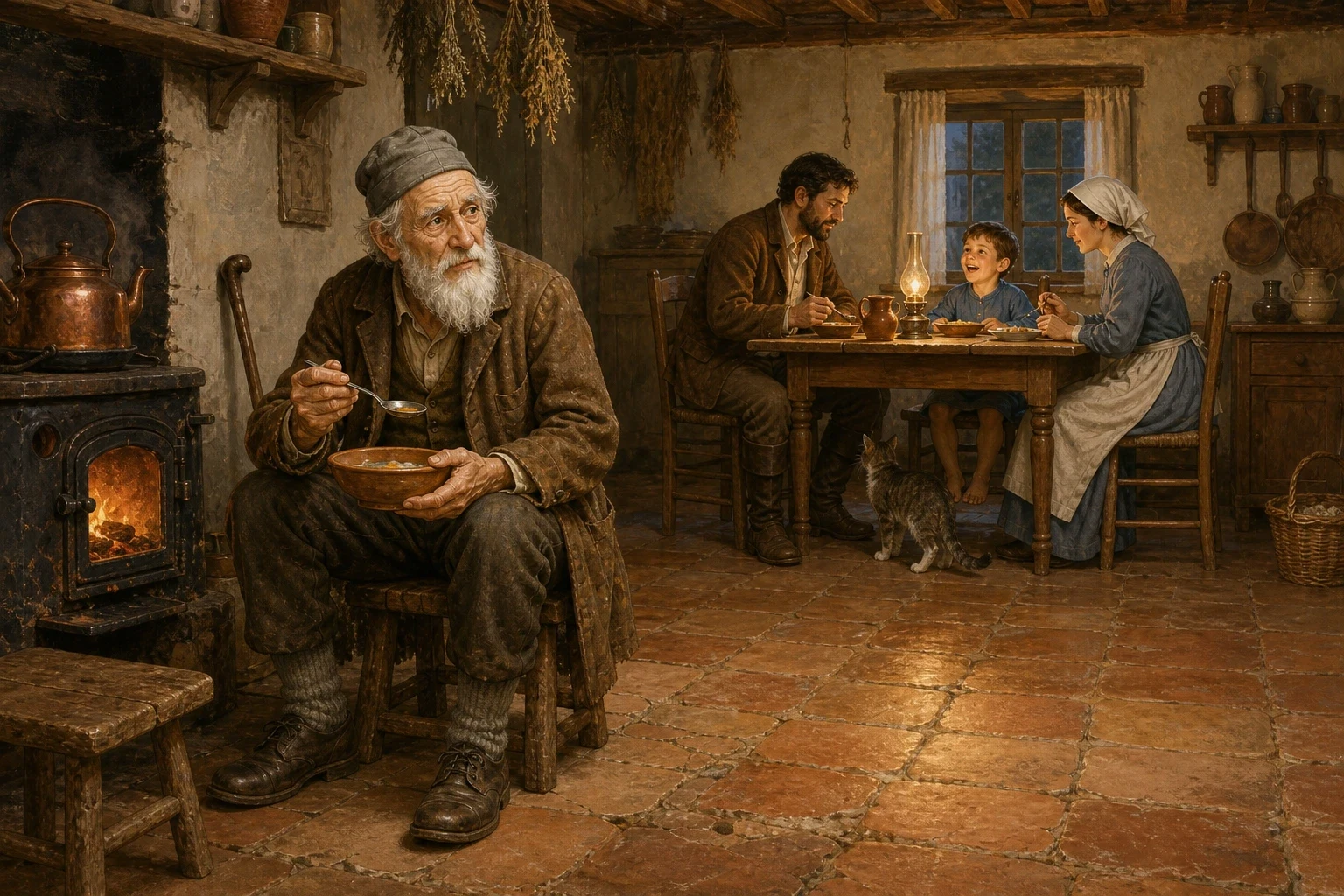 From that day on, the old grandfather did not sit at the big table anymore. Every mealtime, the farmer's wife set a plain earthenware bowl on a low stool behind… From that day on, the old grandfather did not sit at the big table anymore. Every mealtime, the farmer's wife set a plain earthenware bowl on a low stool behind…