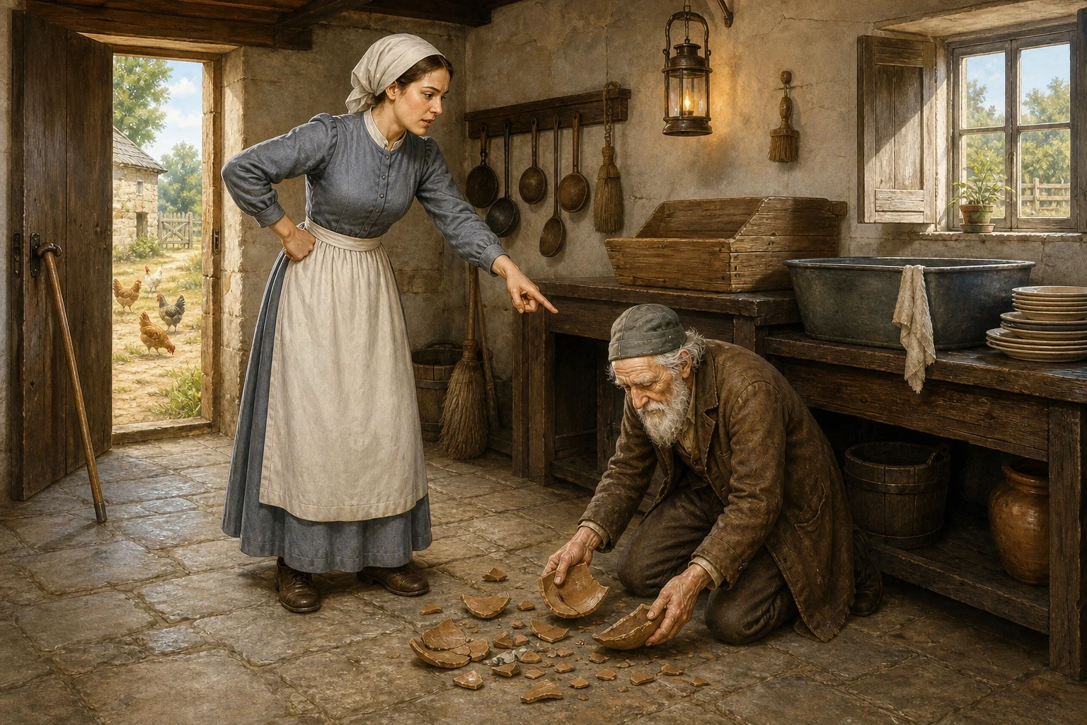 Hearing the crash, the farmer's wife hurried into the passage and found the old man standing over the broken bowl. She was not pleased. Hearing the crash, the farmer's wife hurried into the passage and found the old man standing over the broken bowl. She was not pleased.