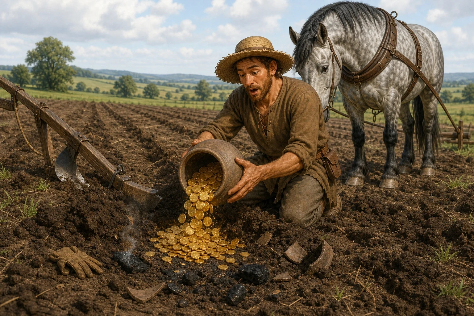 The plow blade caught on something hard, and the peasant reined in the horse to see what it was. Kneeling by the mound, he began digging with his bare hands and… The plow blade caught on something hard, and the peasant reined in the horse to see what it was. Kneeling by the mound, he began digging with his bare hands and…