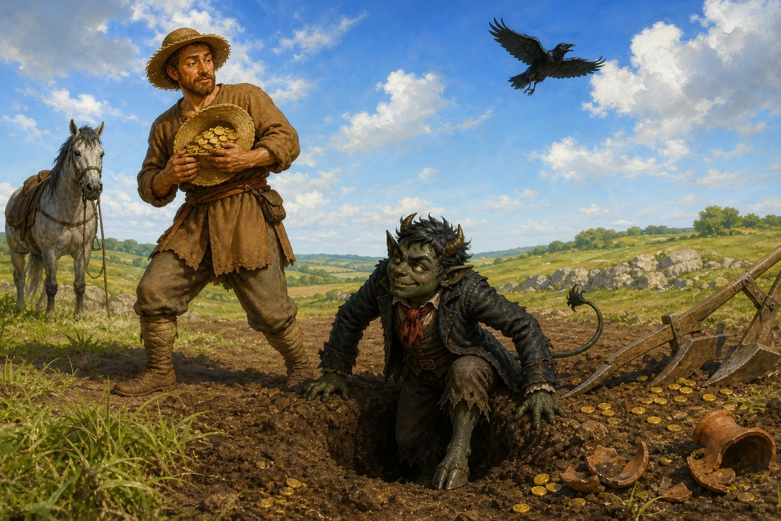 The peasant had barely finished gathering the spilled coins into his hat when the loose earth beside the hollow began to shift on its own. The peasant had barely finished gathering the spilled coins into his hat when the loose earth beside the hollow began to shift on its own.