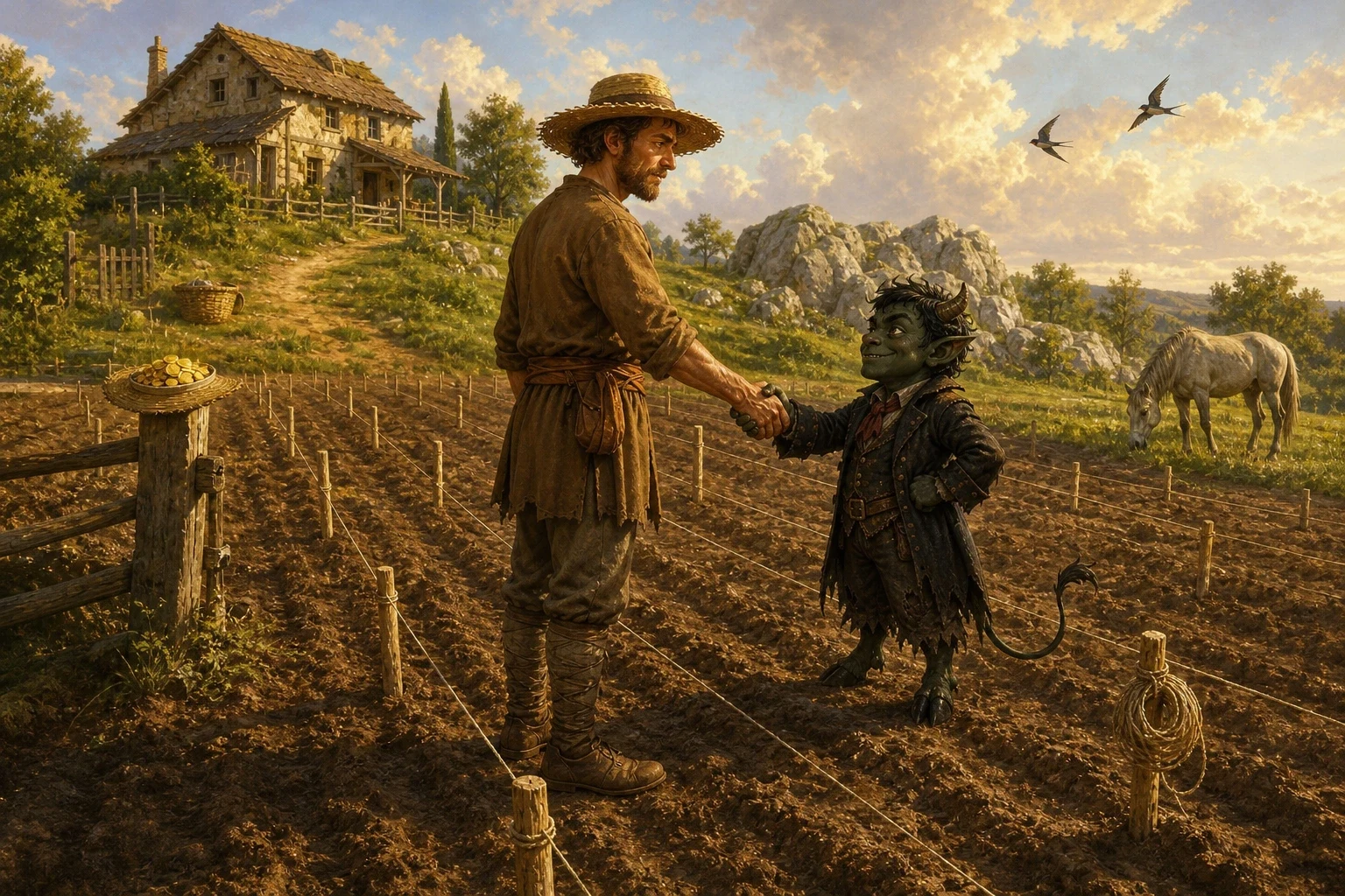 The two of them argued back and forth across the furrow for a while, the devil wanting all the gold back outright and the peasant refusing to give up a single… The two of them argued back and forth across the furrow for a while, the devil wanting all the gold back outright and the peasant refusing to give up a single…