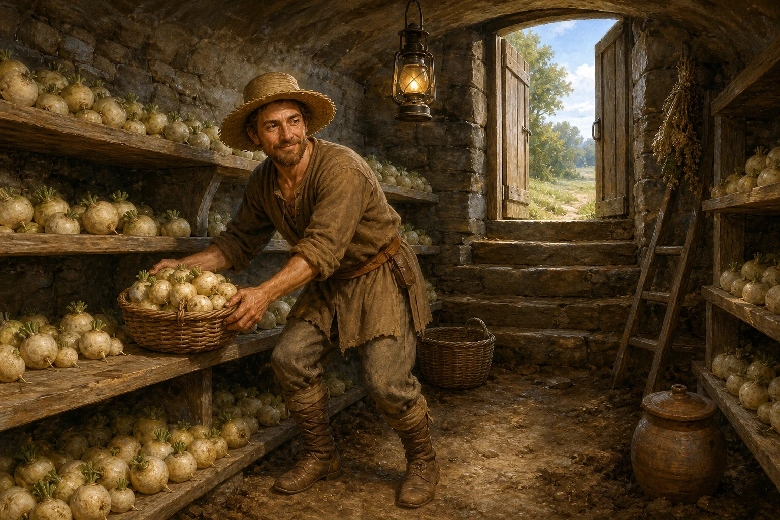 While the devil was still turning over his pile of worthless leaves out in the field, the peasant was down in his cool stone root cellar, carrying in basket… While the devil was still turning over his pile of worthless leaves out in the field, the peasant was down in his cool stone root cellar, carrying in basket…