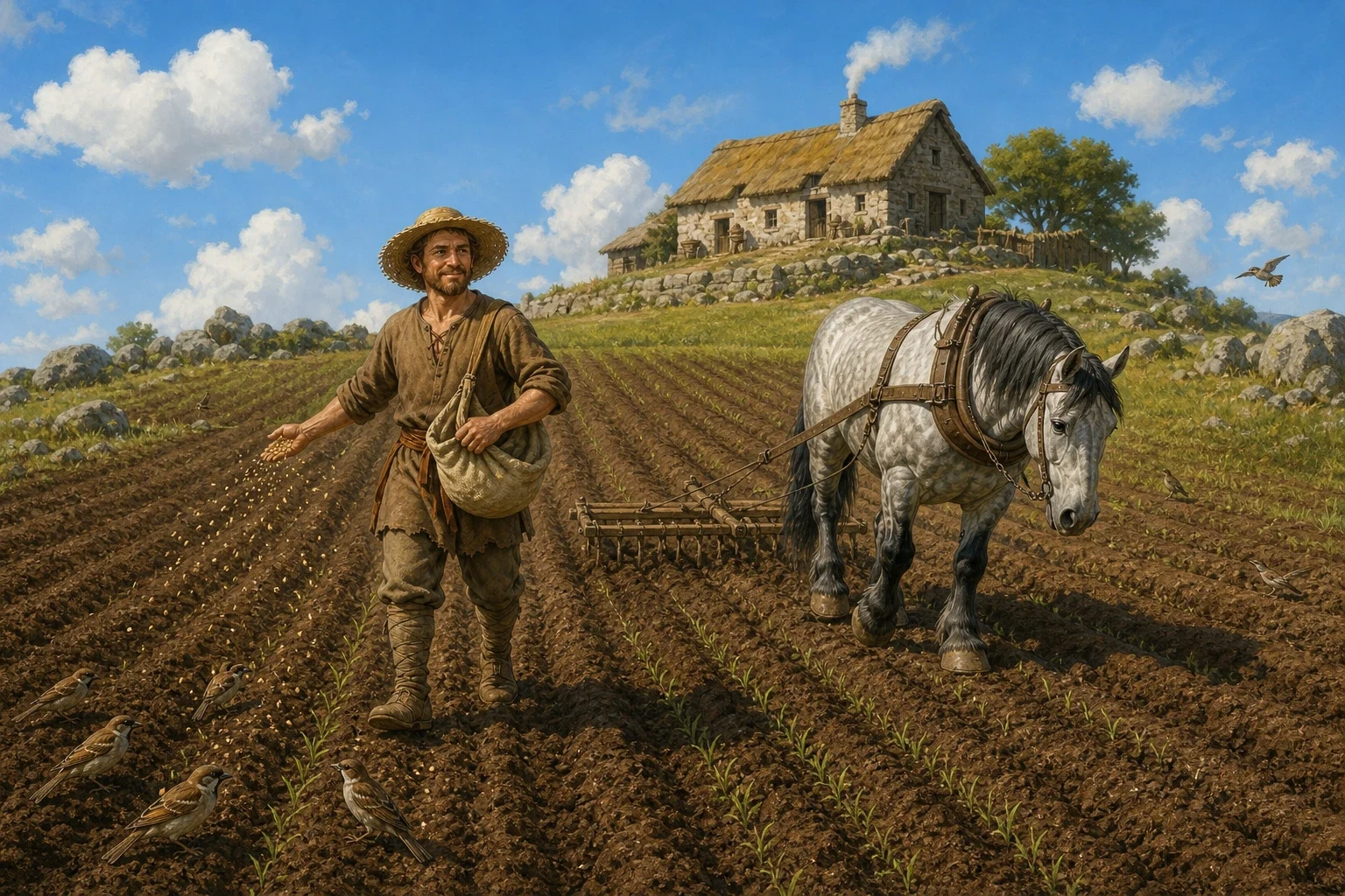 That same morning the peasant hitched up his horse and set to work sowing the field, scattering handful after handful of wheat seed along the fresh rows while… That same morning the peasant hitched up his horse and set to work sowing the field, scattering handful after handful of wheat seed along the fresh rows while…