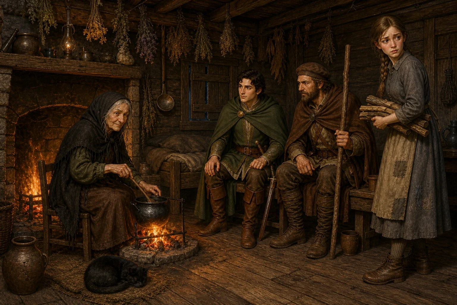 Inside, an old woman sat close by the fire in a low chair, stirring something in a small black pot that smelled strange and bitter. Inside, an old woman sat close by the fire in a low chair, stirring something in a small black pot that smelled strange and bitter.