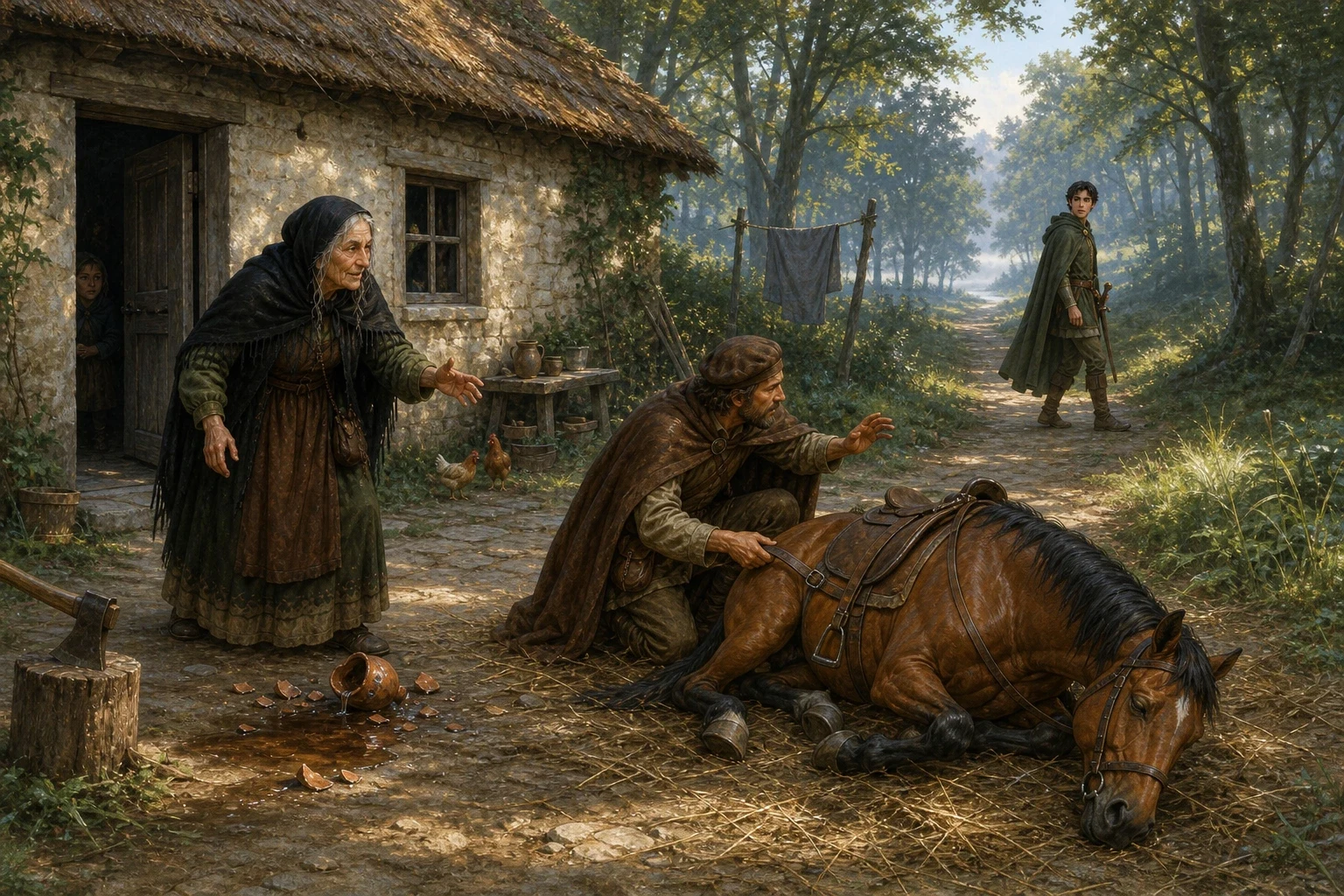 In the morning they rose to leave, glad to be going. The prince walked on a little way down the forest path to stretch his legs after the night indoors, while… In the morning they rose to leave, glad to be going. The prince walked on a little way down the forest path to stretch his legs after the night indoors, while…