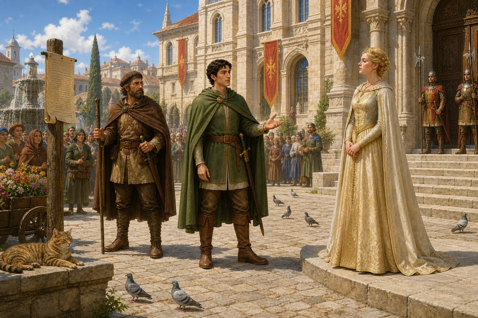 The town the prince and his servant had seen from the forest's edge turned out to have a palace at its heart, and a proclamation posted at every corner of it. The town the prince and his servant had seen from the forest's edge turned out to have a palace at its heart, and a proclamation posted at every corner of it.