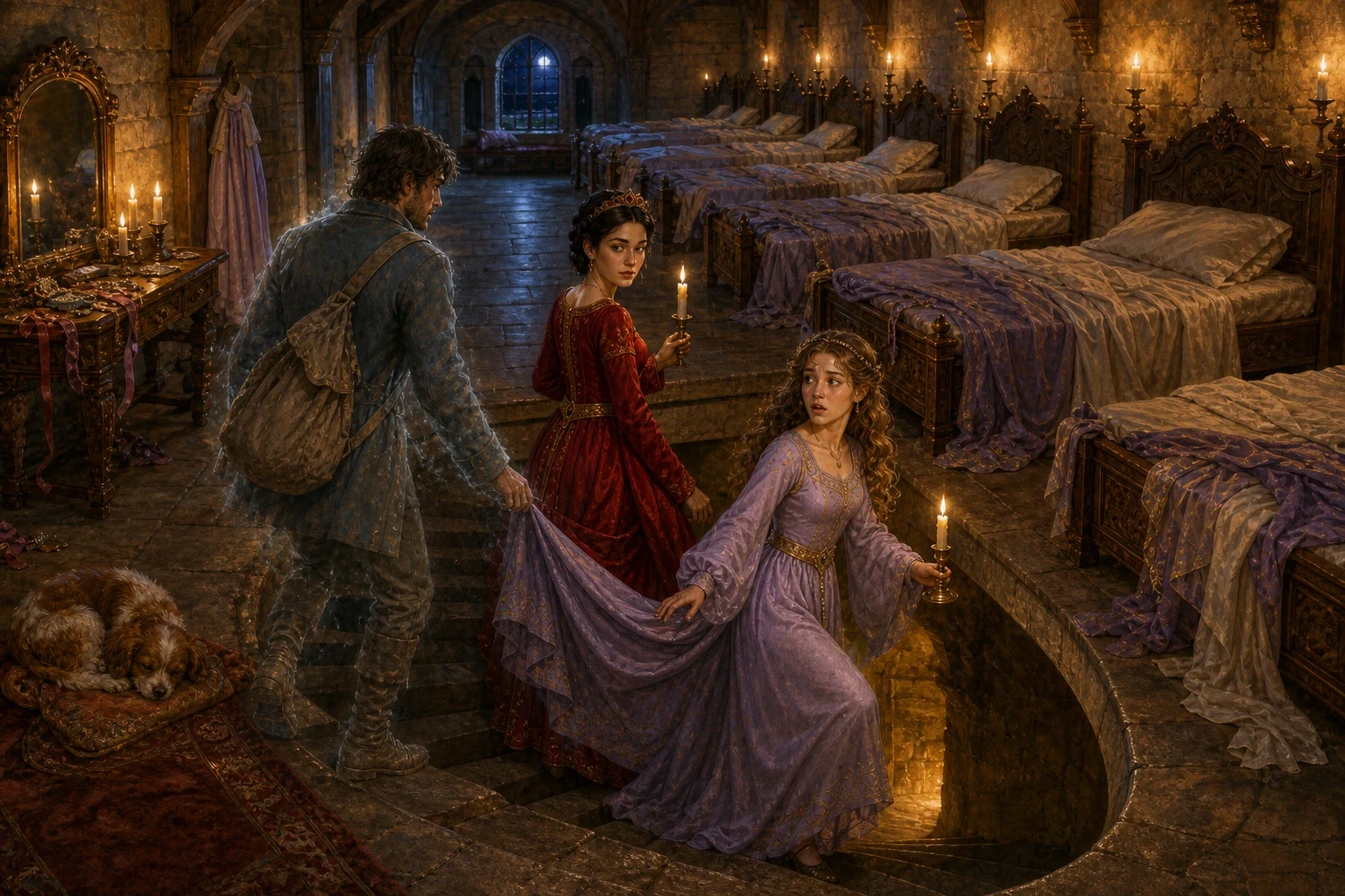 As soon as the soldier seemed fast asleep, the twelve princesses rose and dressed themselves in splendid gowns, laughing softly to one another, all except the… As soon as the soldier seemed fast asleep, the twelve princesses rose and dressed themselves in splendid gowns, laughing softly to one another, all except the…