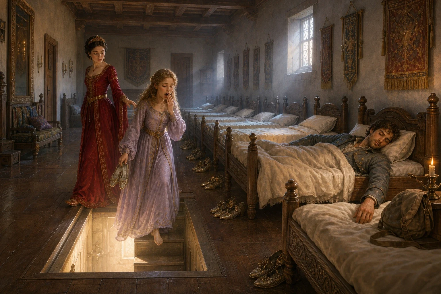 On each of the three nights, the soldier took care to hurry on ahead of the sisters by a shorter way he had found, so that by the time the tired princesses… On each of the three nights, the soldier took care to hurry on ahead of the sisters by a shorter way he had found, so that by the time the tired princesses…