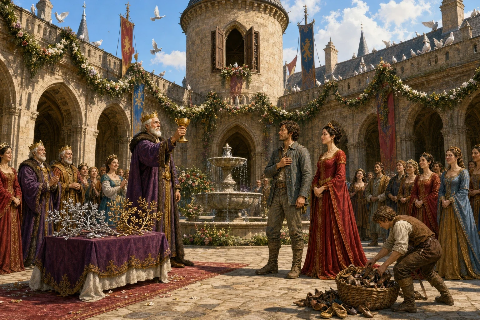 The next morning, the soldier was brought before the king and laid out his proof: one branch of silver, one of gold, one of diamond, and the golden cup taken… The next morning, the soldier was brought before the king and laid out his proof: one branch of silver, one of gold, one of diamond, and the golden cup taken…