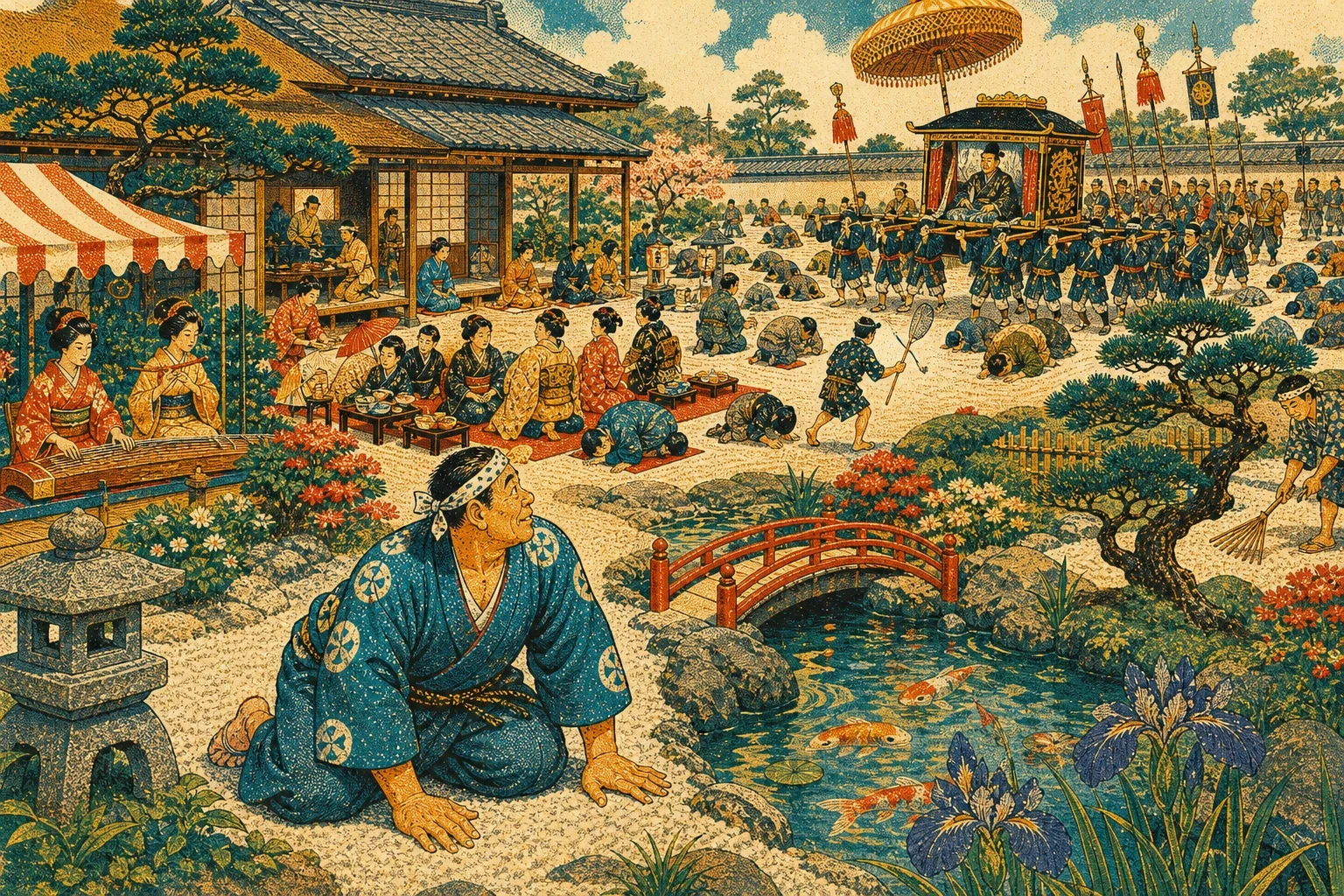 For a while it was wonderful. He had a garden with a pond and carp in it, and musicians, and more guests than he could remember the names of, and a cook who…