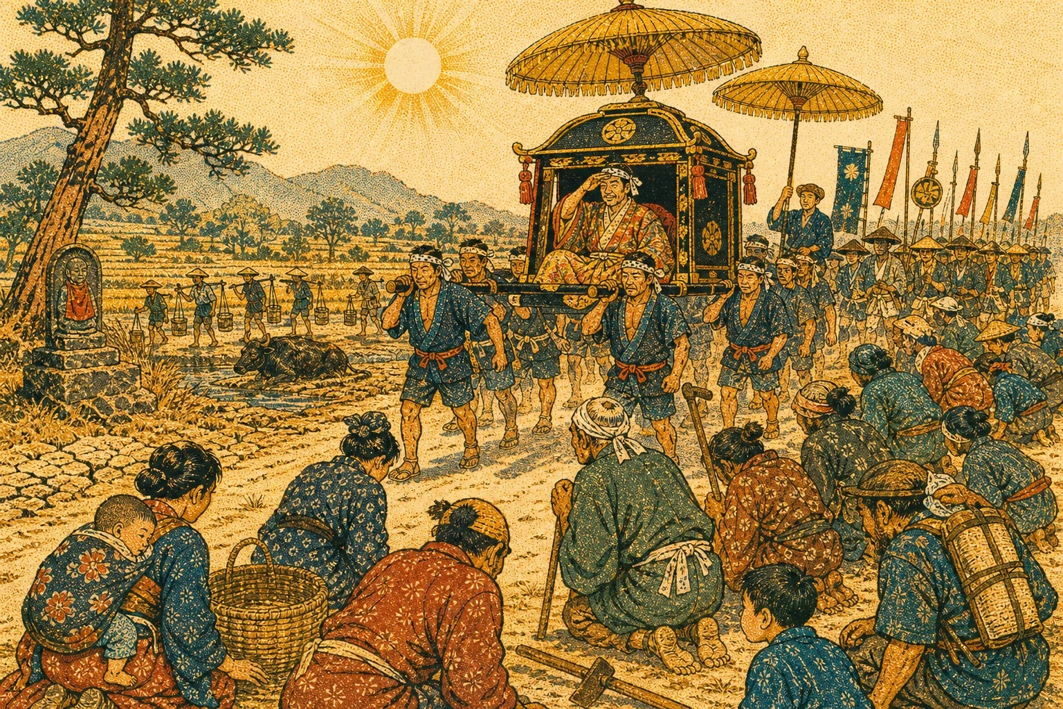So he was carried. Eight men took the weight of him, and the golden parasol went over his head, and all along the road people knelt in the dust as he passed…