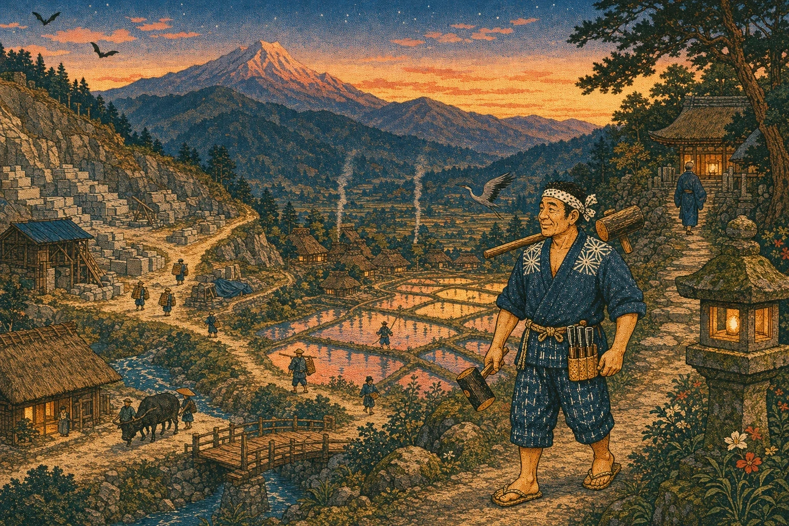 He finished the lantern he had been shaping, and he carried it down to the temple himself, and the priest put it beside the path where it still stands.