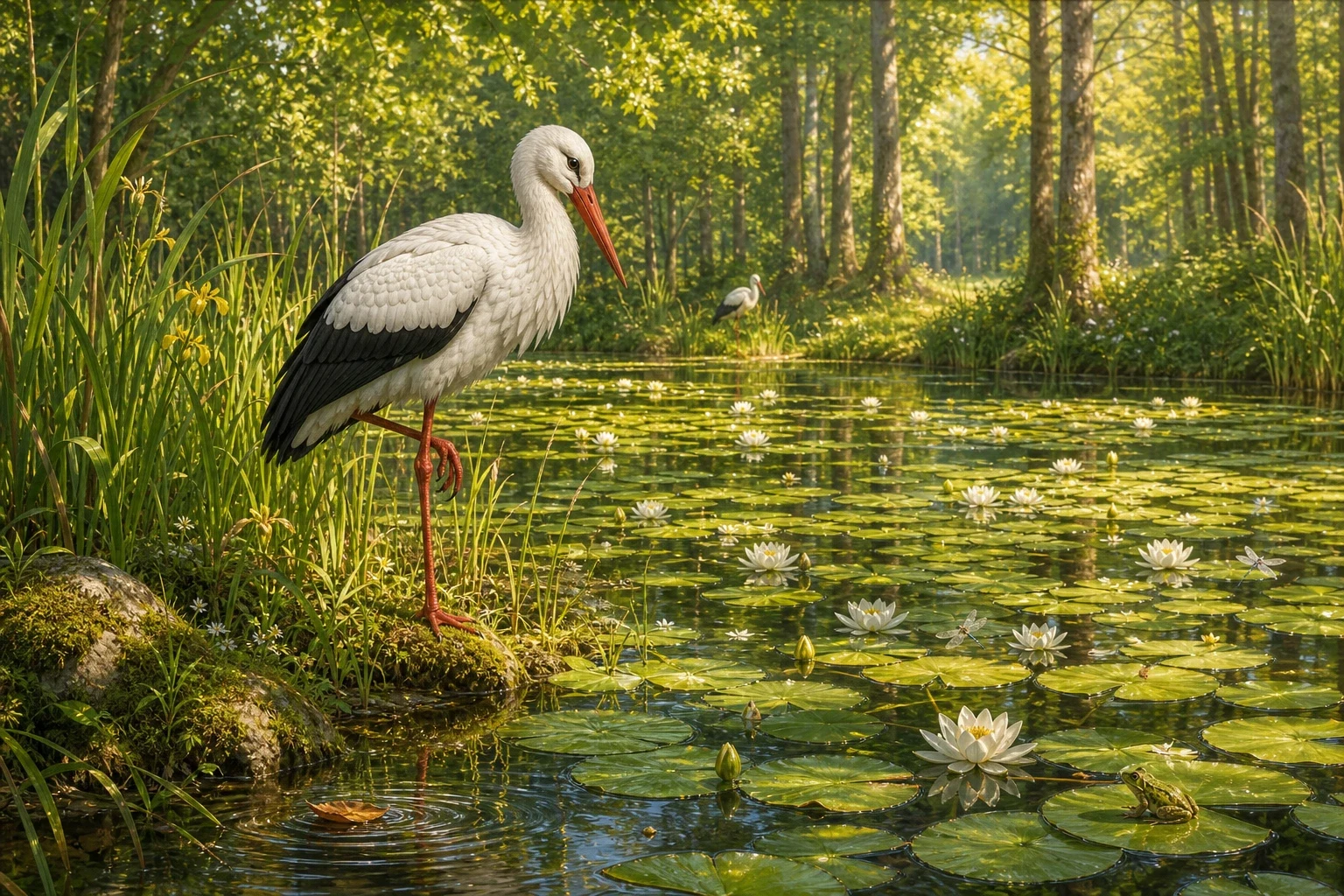 Far from the town, deep in a quiet forest, there is a still pond covered with broad green lily leaves and white flowers. Far from the town, deep in a quiet forest, there is a still pond covered with broad green lily leaves and white flowers.