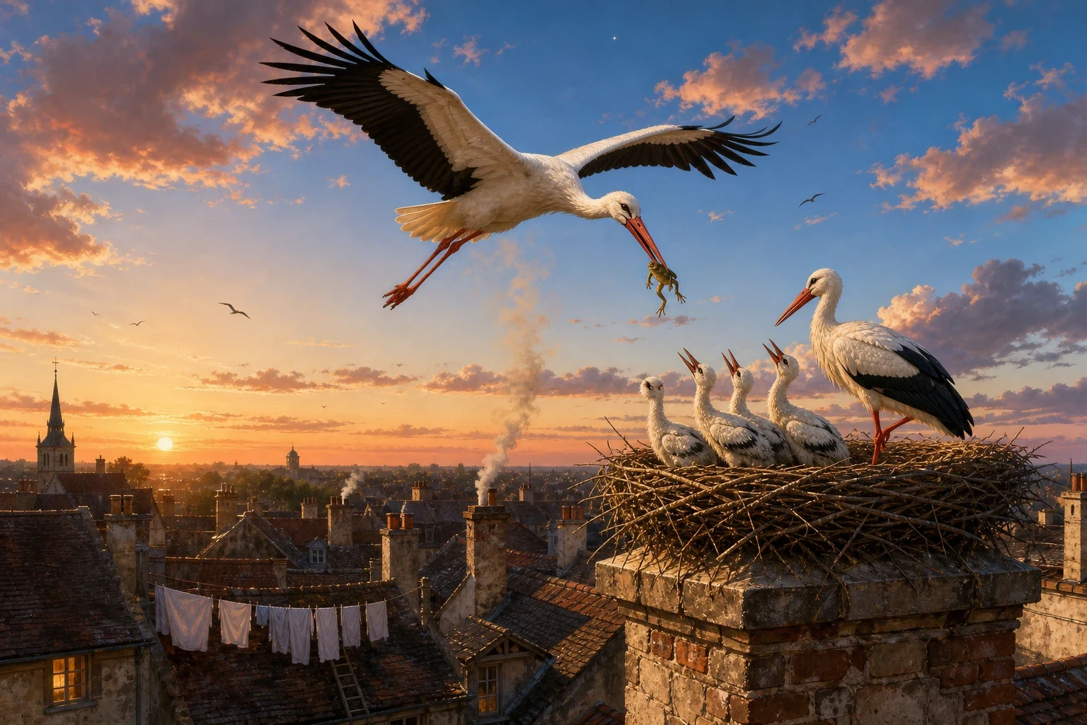 Late that evening, the father stork came flying home over the rooftops, a frog still in his long beak for supper, his broad wings catching the last of the… Late that evening, the father stork came flying home over the rooftops, a frog still in his long beak for supper, his broad wings catching the last of the…