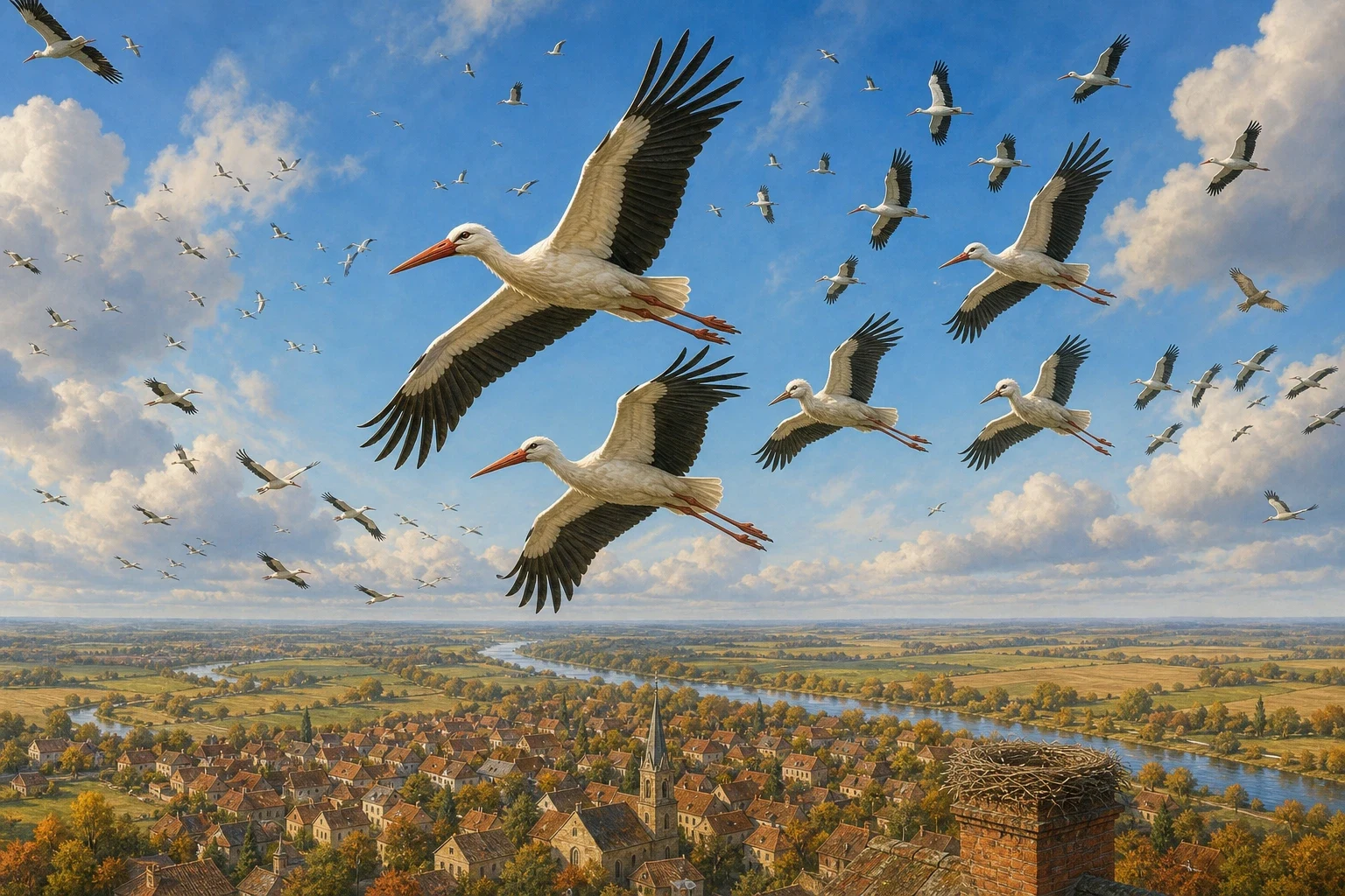 Then one clear autumn morning, storks from all over the countryside began gathering in the sky, circling higher and higher together, for it was time to fly… Then one clear autumn morning, storks from all over the countryside began gathering in the sky, circling higher and higher together, for it was time to fly…