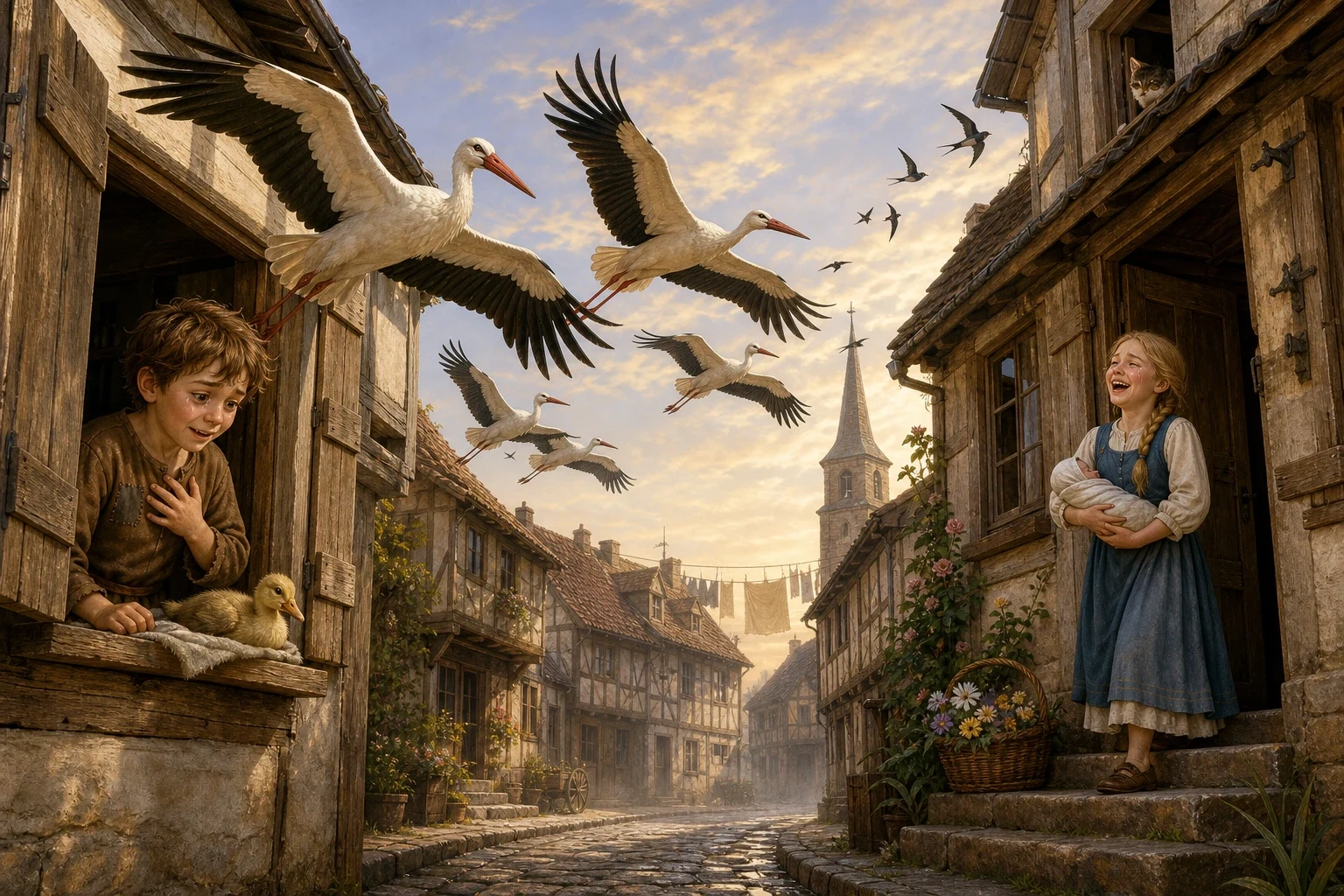 Low over the rooftops the storks swept, and at the house where Peter's kind sister lived, a stork dropped down gently and left a real, living baby brother… Low over the rooftops the storks swept, and at the house where Peter's kind sister lived, a stork dropped down gently and left a real, living baby brother…