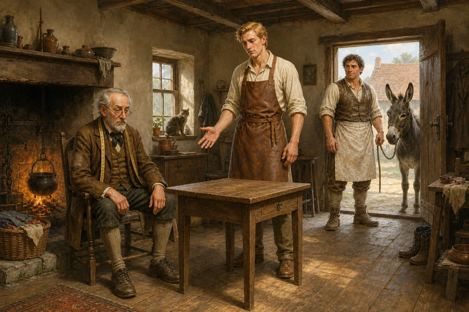 Hans came home first, proud of his wonderful table, and set it down in front of his father by the cold hearth. 'Watch, Father,' he said, and spoke the words —… Hans came home first, proud of his wonderful table, and set it down in front of his father by the cold hearth. 'Watch, Father,' he said, and spoke the words —…