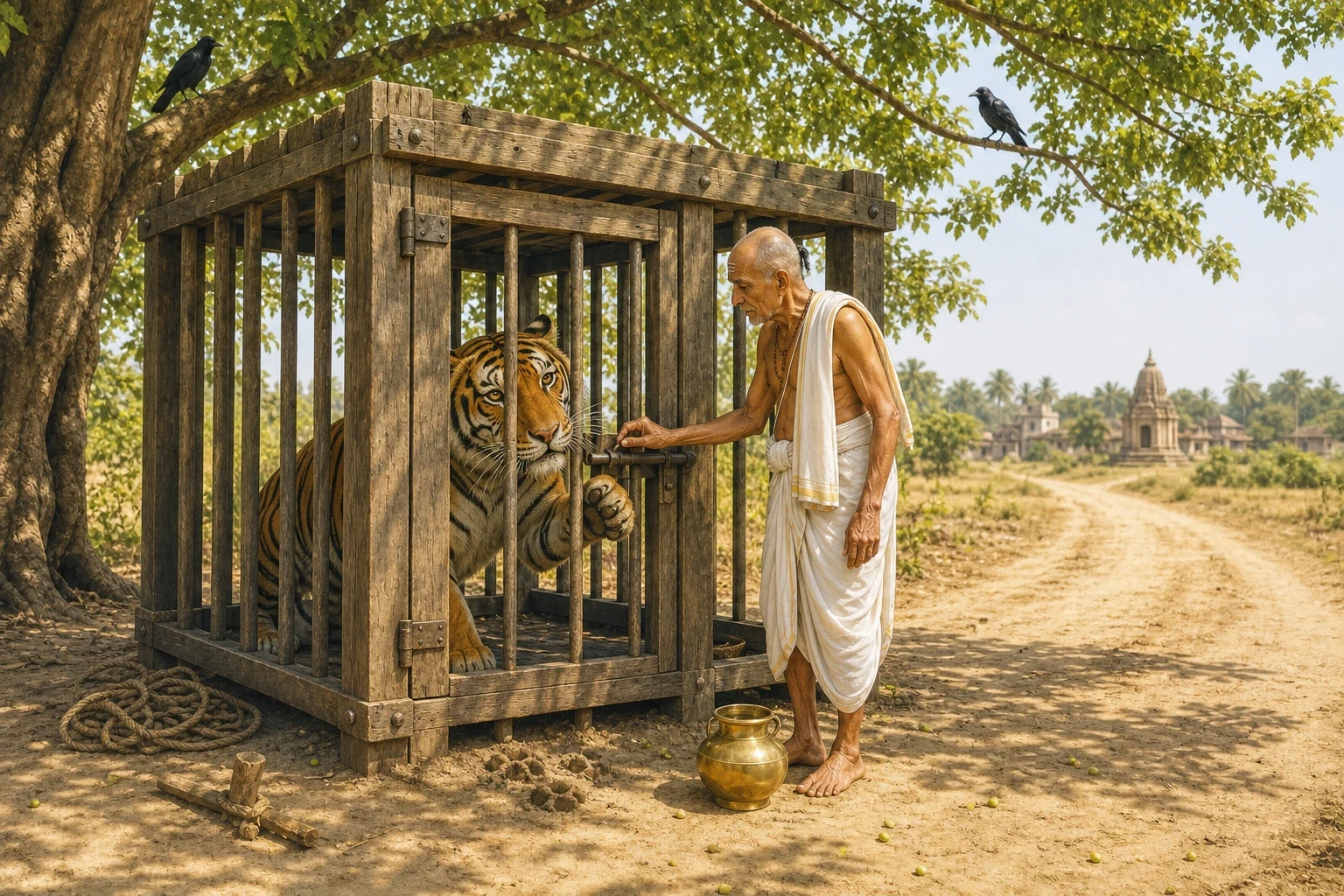 And there, at the side of the road under a neem tree, stood a cage with a tiger in it. Somebody had trapped him and gone away, and he had been in there a long… And there, at the side of the road under a neem tree, stood a cage with a tiger in it. Somebody had trapped him and gone away, and he had been in there a long…