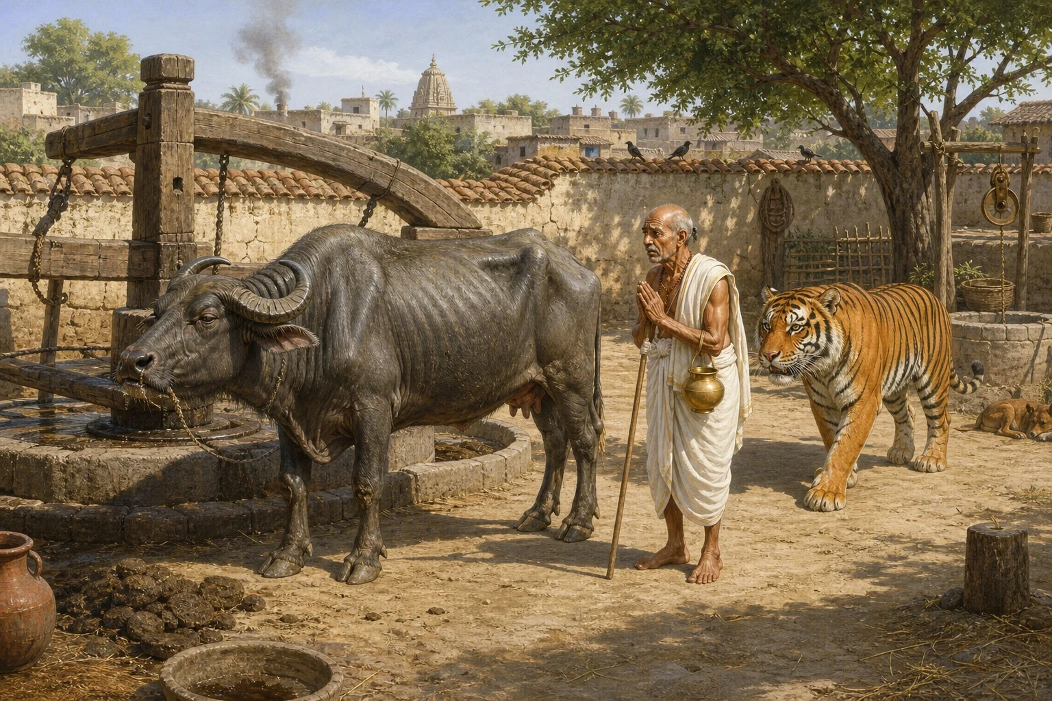 The second thing they met was an old buffalo, standing by herself in a yard beside a broken oil-press with a frayed rope through her nose. The second thing they met was an old buffalo, standing by herself in a yard beside a broken oil-press with a frayed rope through her nose.