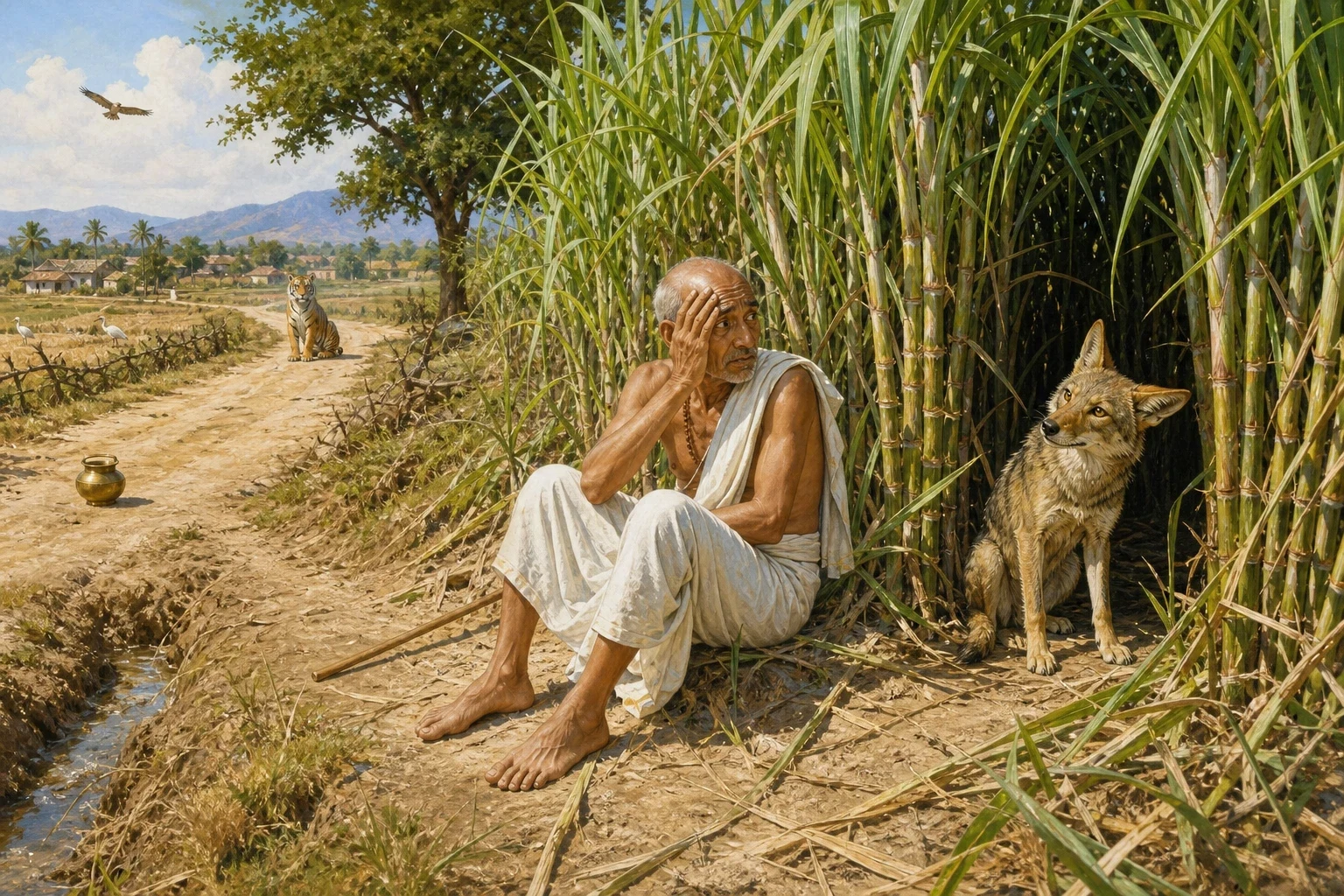 The Brahmin asked for one moment to say his prayers, which the tiger allowed, being in a good mood; and he walked a few steps to the edge of a sugarcane field… The Brahmin asked for one moment to say his prayers, which the tiger allowed, being in a good mood; and he walked a few steps to the edge of a sugarcane field…
