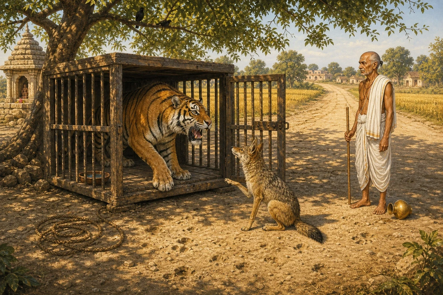 So they all walked back along the road to the neem tree and the cage, and the jackal stood in front of it and frowned at it for a long time. So they all walked back along the road to the neem tree and the cage, and the jackal stood in front of it and frowned at it for a long time.