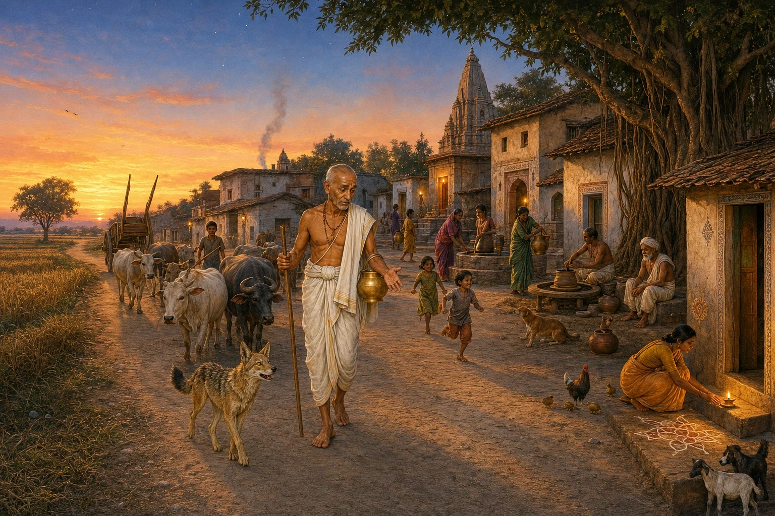 They came into the village at dusk, when the cooking fires were lit and the cattle were coming in along the lane, and the Brahmin tried to thank the jackal and… They came into the village at dusk, when the cooking fires were lit and the cattle were coming in along the lane, and the Brahmin tried to thank the jackal and…