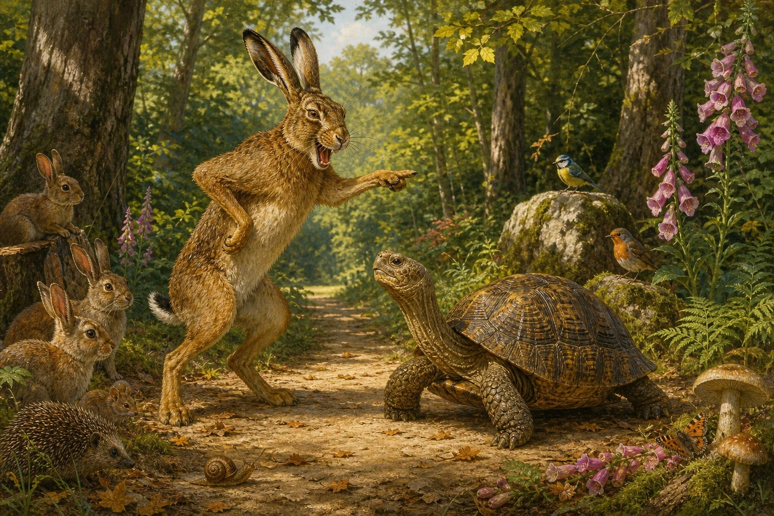 Just then an old tortoise came plodding along the path, slow and steady, as tortoises always do. The hare burst out laughing at the sight of him. Just then an old tortoise came plodding along the path, slow and steady, as tortoises always do. The hare burst out laughing at the sight of him.