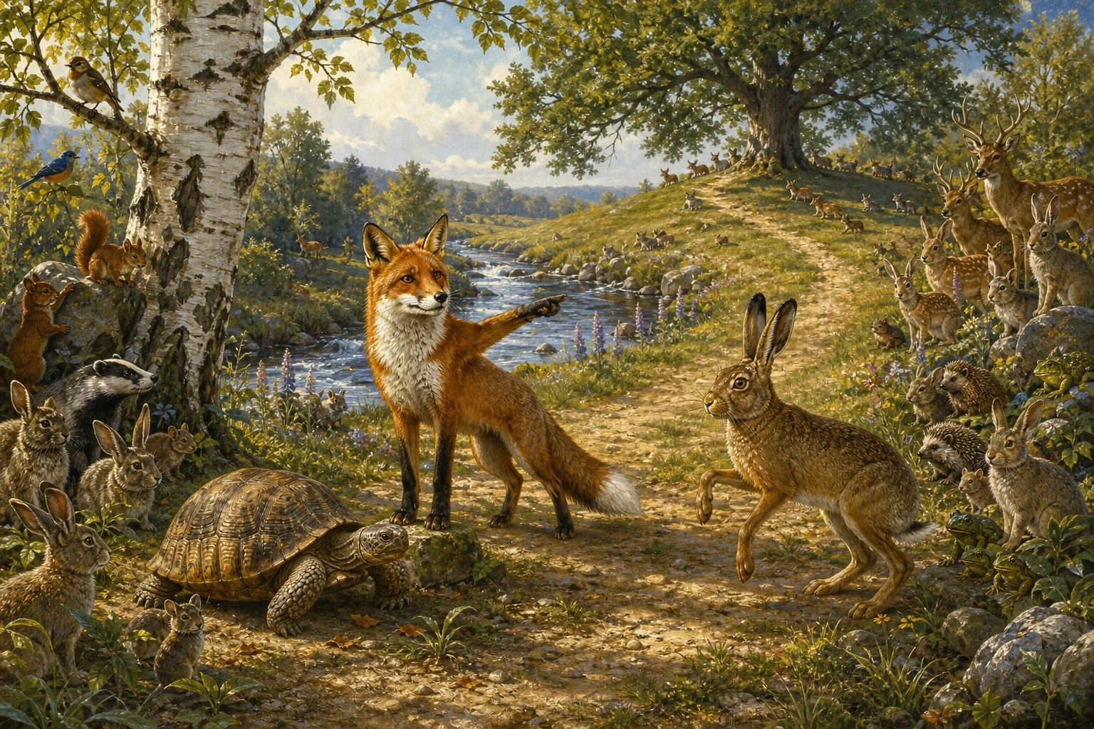 News of the race flew through the forest faster than even the hare could run, and by afternoon a great crowd of animals had gathered in the clearing, chattering… News of the race flew through the forest faster than even the hare could run, and by afternoon a great crowd of animals had gathered in the clearing, chattering…