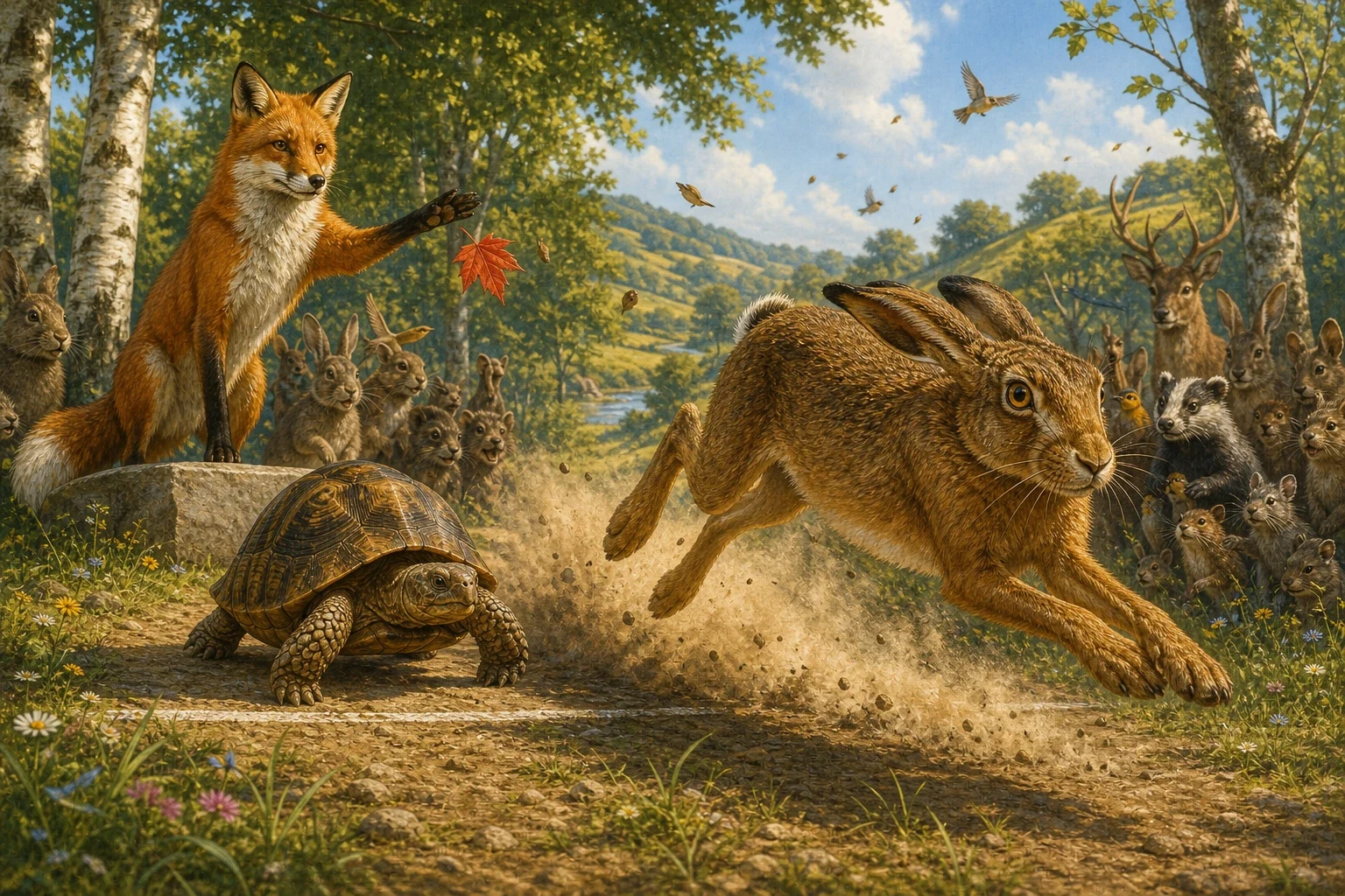 The two racers lined up side by side beneath the birch tree, the hare quivering with eagerness and the tortoise settled low and ready. The two racers lined up side by side beneath the birch tree, the hare quivering with eagerness and the tortoise settled low and ready.