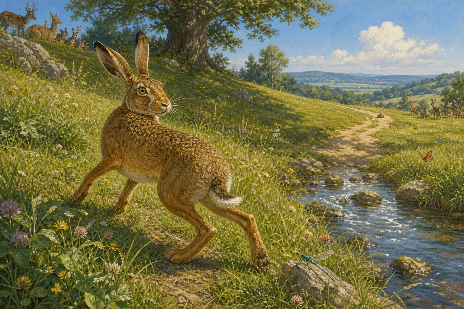 The hare ran like the wind, clearing the brook in one mighty bound and scrambling halfway up the little hill before he even thought to look behind him. The hare ran like the wind, clearing the brook in one mighty bound and scrambling halfway up the little hill before he even thought to look behind him.