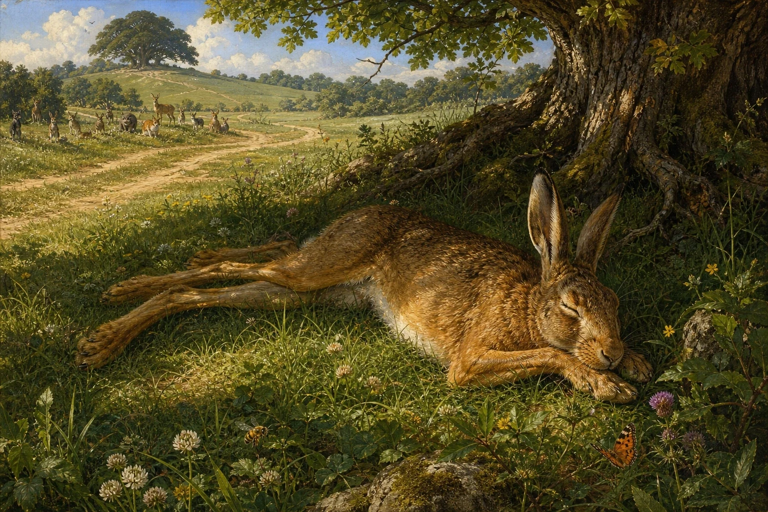 Feeling sure he had all the time in the world, the hare spied a cool, shady spot beneath a leafy tree right beside the course, where the grass grew soft and… Feeling sure he had all the time in the world, the hare spied a cool, shady spot beneath a leafy tree right beside the course, where the grass grew soft and…