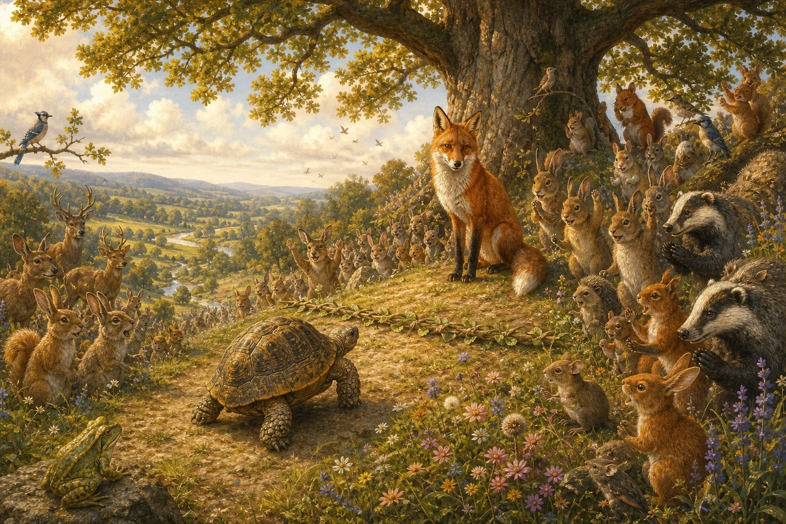 Up at the great oak tree on the top of the hill, the crowd of forest animals had been waiting and watching — and now a murmur of astonishment ran through them. Up at the great oak tree on the top of the hill, the crowd of forest animals had been waiting and watching — and now a murmur of astonishment ran through them.