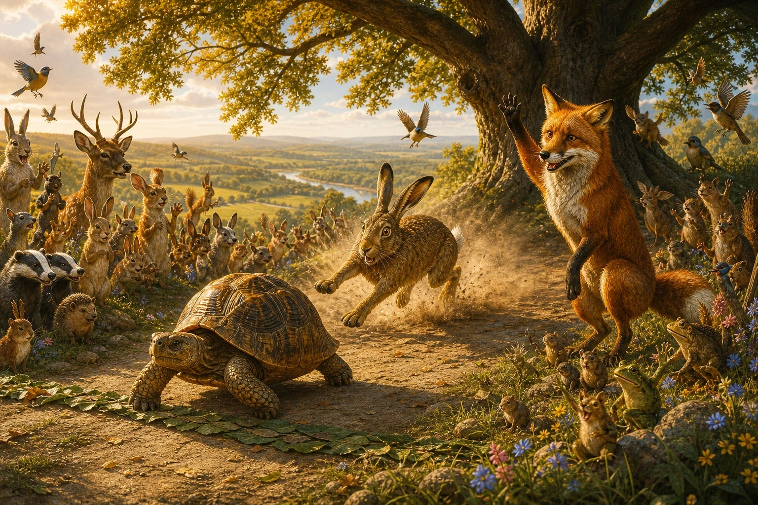 Far down the hill, the hare woke with a sudden start. The light had grown golden and low — he had slept far longer than he meant to! Far down the hill, the hare woke with a sudden start. The light had grown golden and low — he had slept far longer than he meant to!