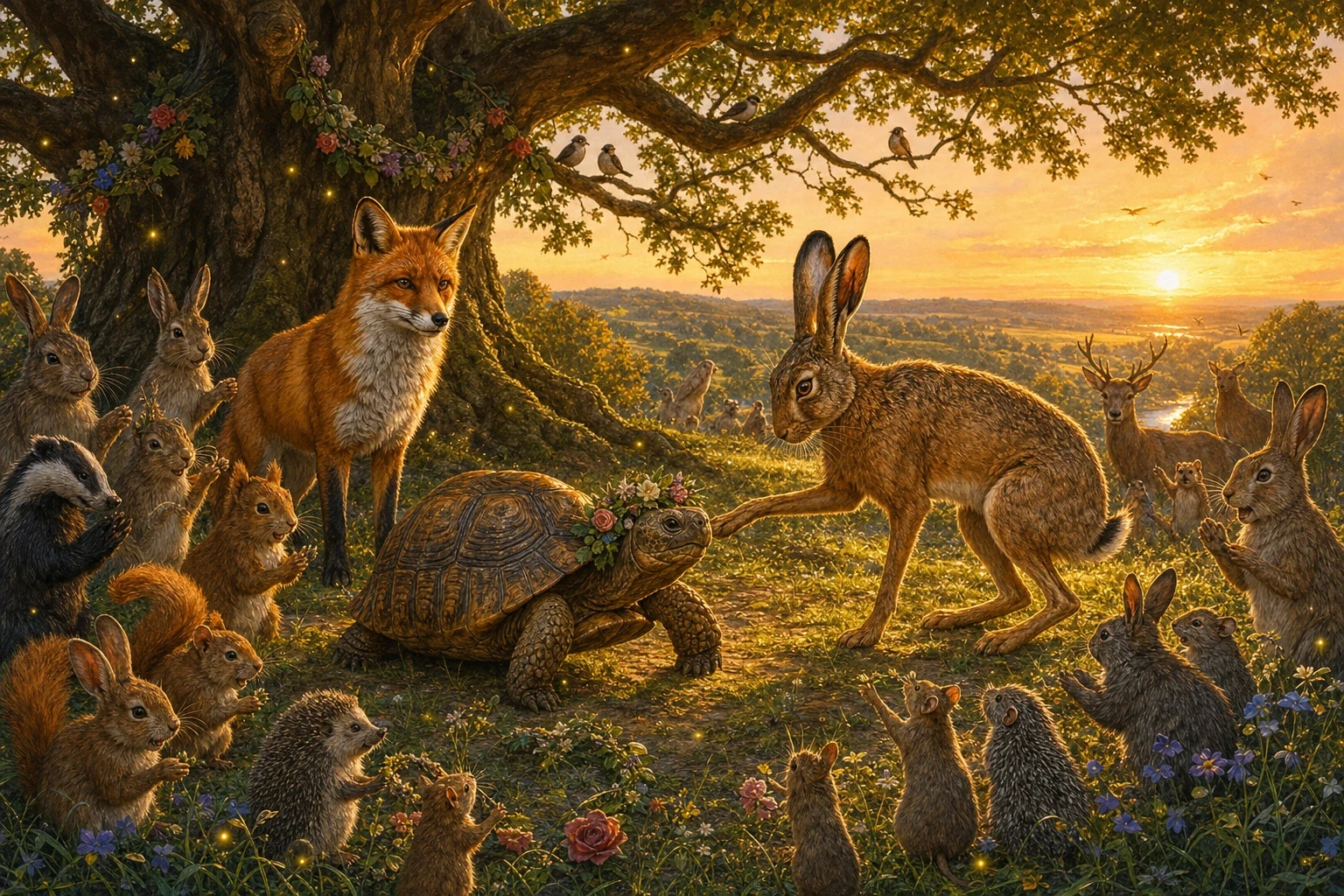 What a celebration there was beneath the great oak! The animals crowned the old tortoise with a little wreath of leaves and flowers and cheered him again and… What a celebration there was beneath the great oak! The animals crowned the old tortoise with a little wreath of leaves and flowers and cheered him again and…