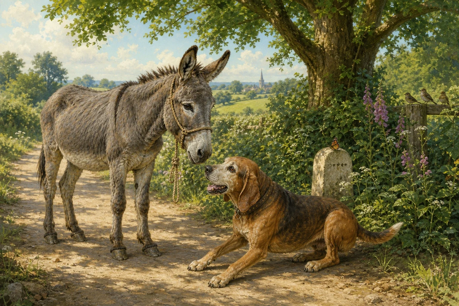 The donkey had not gone far along the dusty road when he came upon an old hunting hound lying in the shade of a hedge, panting as though he had run a long way. The donkey had not gone far along the dusty road when he came upon an old hunting hound lying in the shade of a hedge, panting as though he had run a long way.