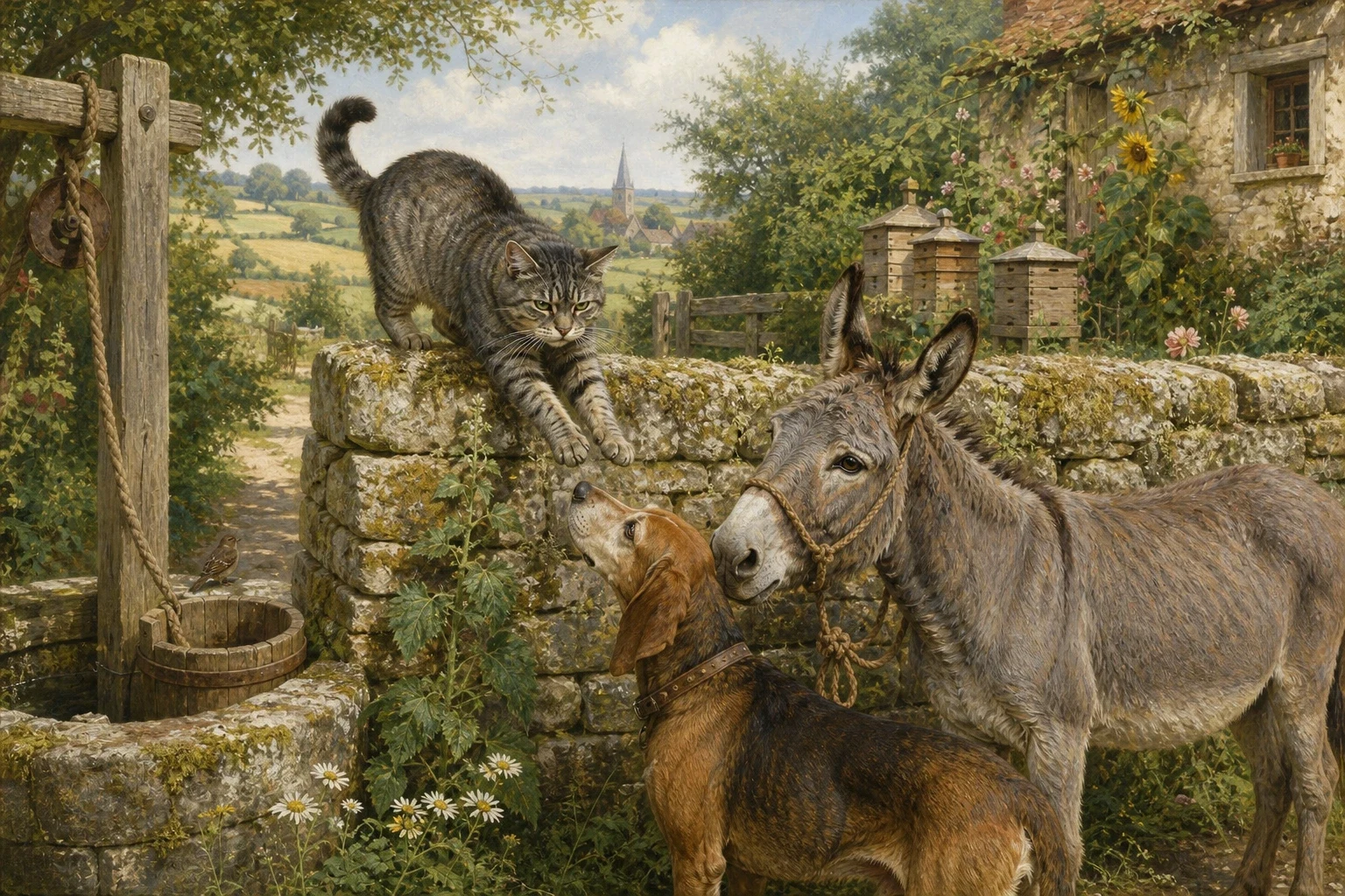 A little farther on, the two friends found an old grey cat sitting on a stone wall with a face as gloomy as three rainy days. A little farther on, the two friends found an old grey cat sitting on a stone wall with a face as gloomy as three rainy days.