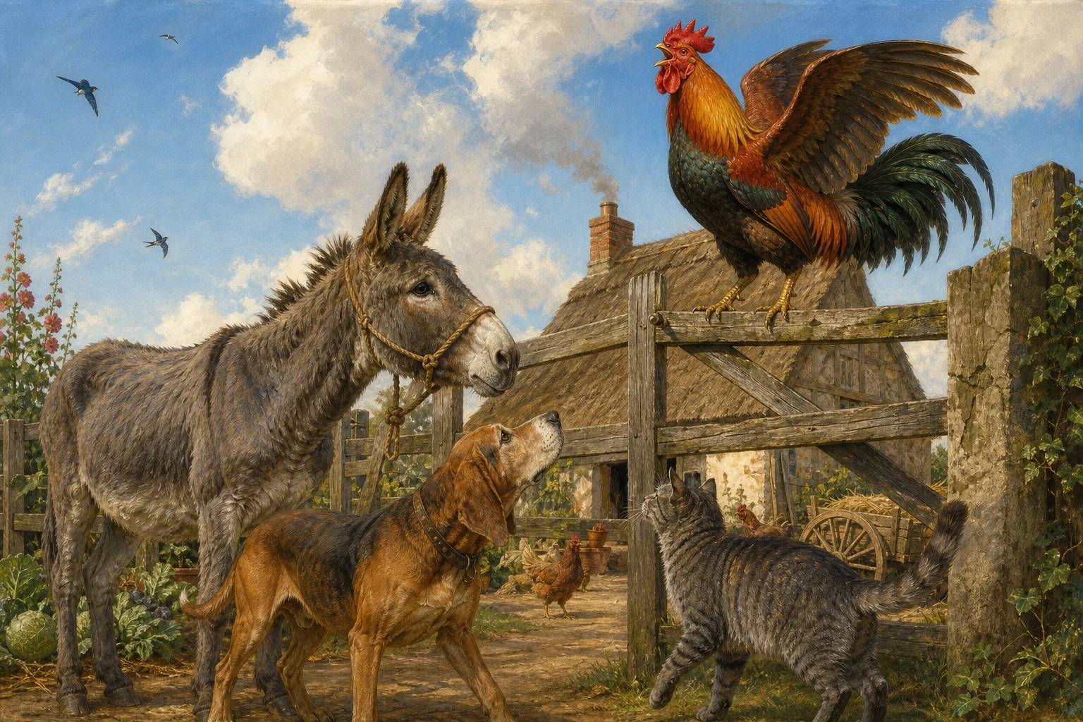 At the next farm they heard a rooster crowing with all his might upon the top of a gate, as loud and as mournful as he could manage. At the next farm they heard a rooster crowing with all his might upon the top of a gate, as loud and as mournful as he could manage.