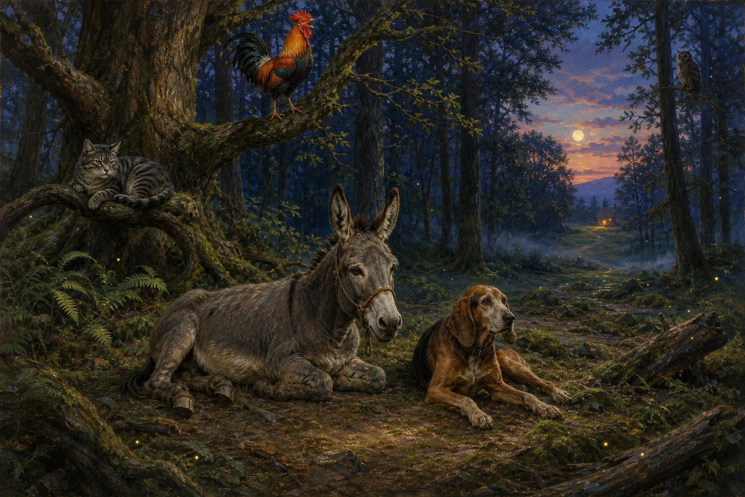 But Bremen was far away, farther than four old travellers could reach in a single day, and as the sun went down they came to a great dark forest and decided to… But Bremen was far away, farther than four old travellers could reach in a single day, and as the sun went down they came to a great dark forest and decided to…