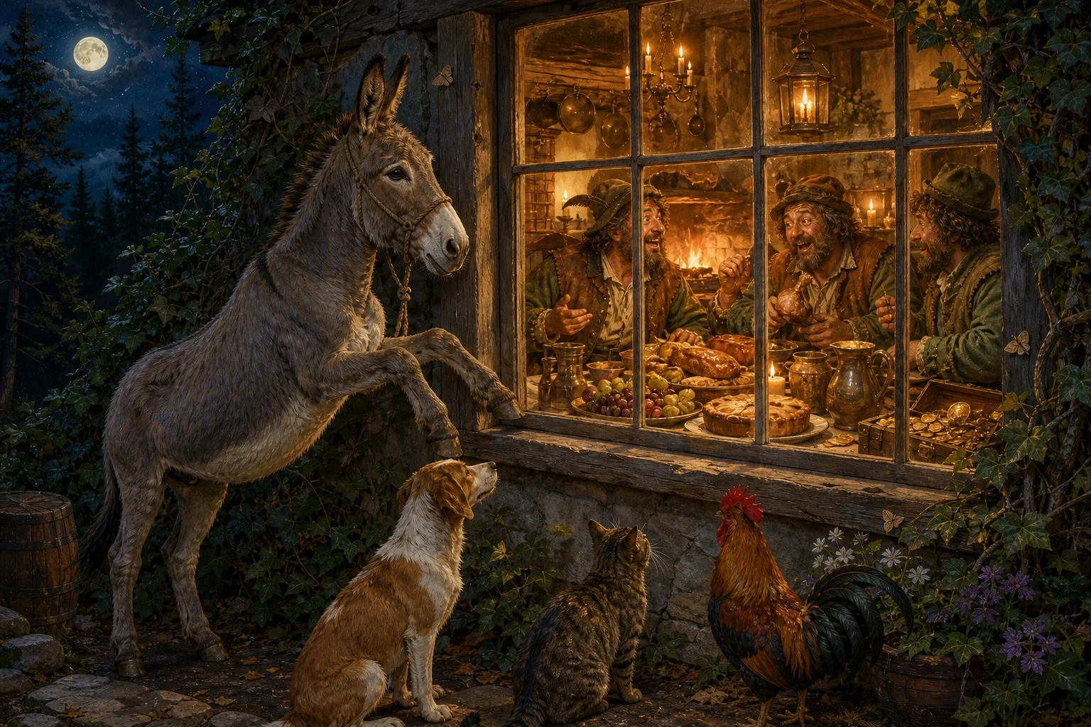 The four friends crept quietly through the trees until they came to a snug little cottage, its window glowing warm and gold. The four friends crept quietly through the trees until they came to a snug little cottage, its window glowing warm and gold.