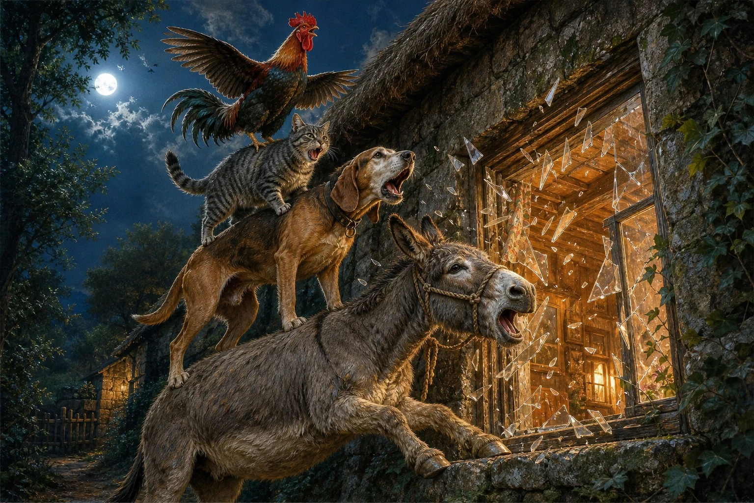 The four friends put their heads together and hatched a clever plan. The donkey braced his forefeet on the window-sill; the dog climbed up onto the donkey's… The four friends put their heads together and hatched a clever plan. The donkey braced his forefeet on the window-sill; the dog climbed up onto the donkey's…